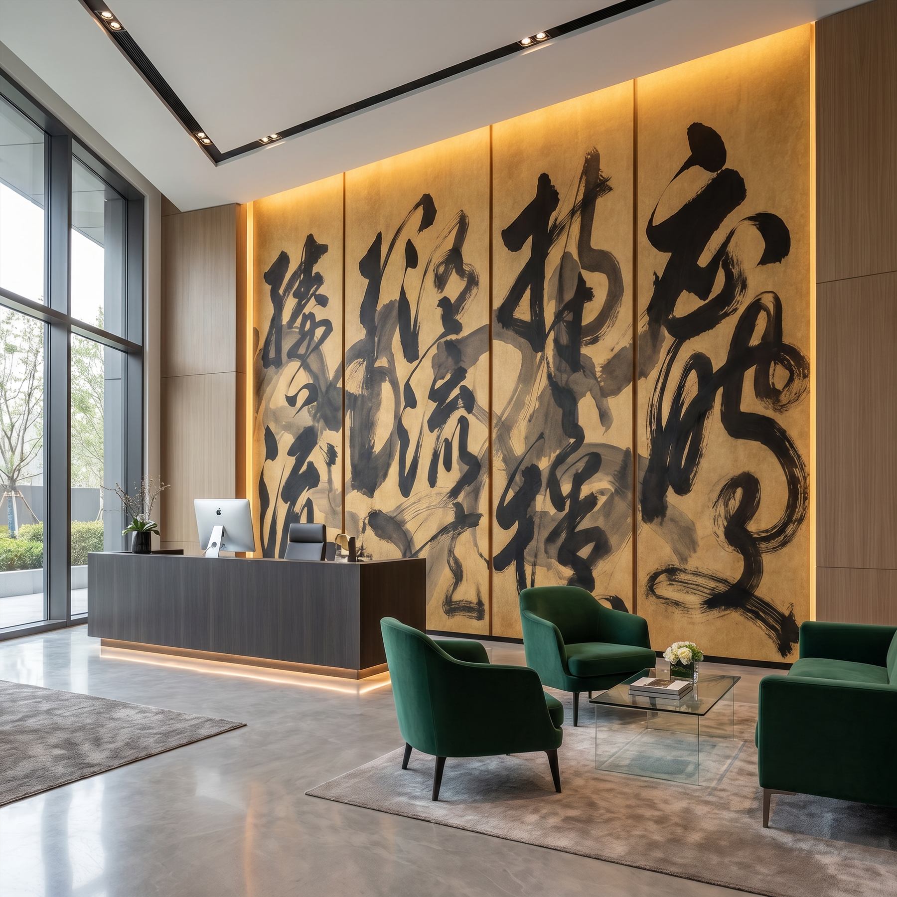 Abstract-Calligraphy Bold-Ink-Strokes for Luxury-Interior Black-Gold-Palette Office-Reception Scene