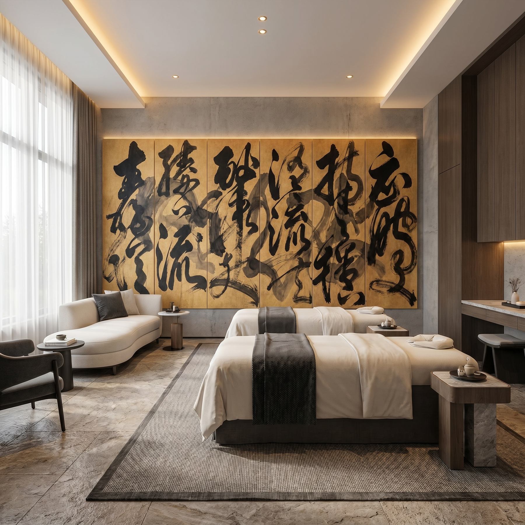 Abstract-Calligraphy Bold-Ink-Strokes for Luxury-Interior Black-Gold-Palette Spa-Center Scene