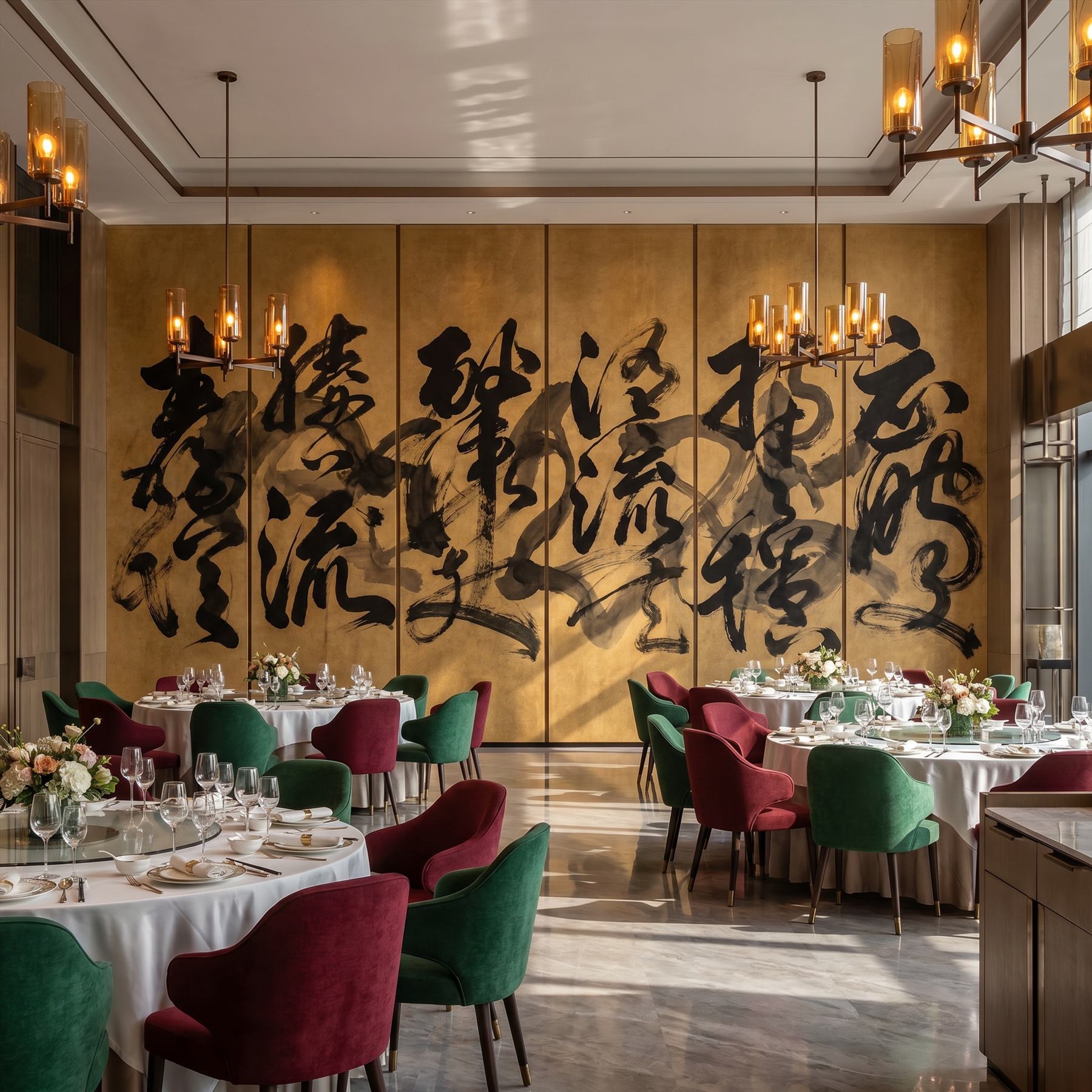 Abstract-Calligraphy Bold-Ink-Strokes for Luxury-Interior Black-Gold-Palette Banquet-Hall Scene