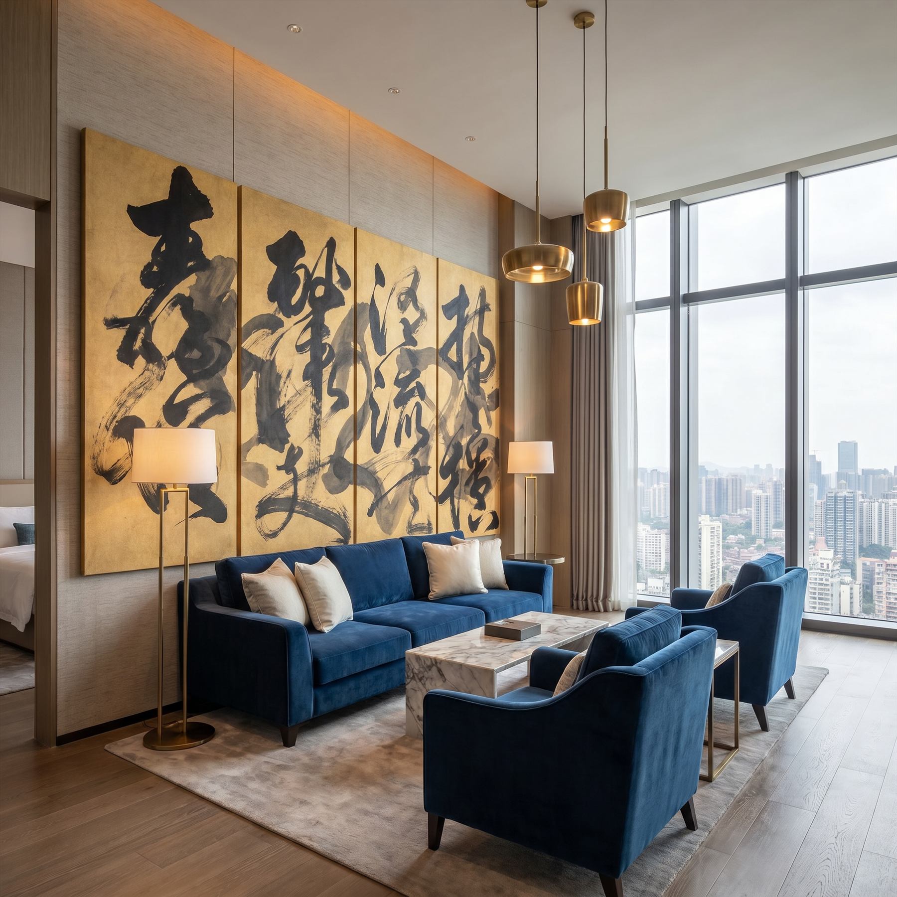 Abstract-Calligraphy Bold-Ink-Strokes for Luxury-Interior Black-Gold-Palette Hotel-Suite Scene