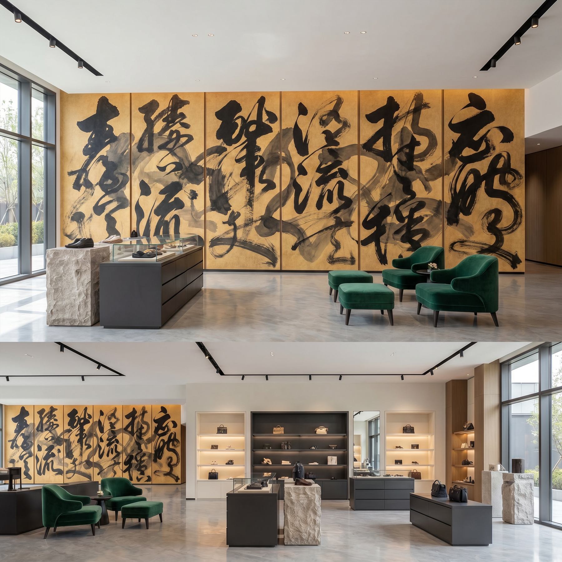 Abstract-Calligraphy Bold-Ink-Strokes for Luxury-Interior Black-Gold-Palette Luxury-Retail Scene
