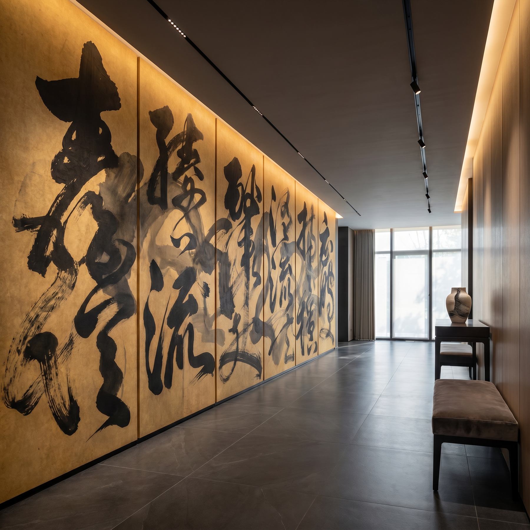 Abstract-Calligraphy Bold-Ink-Strokes for Luxury-Interior Black-Gold-Palette Corridor Scene