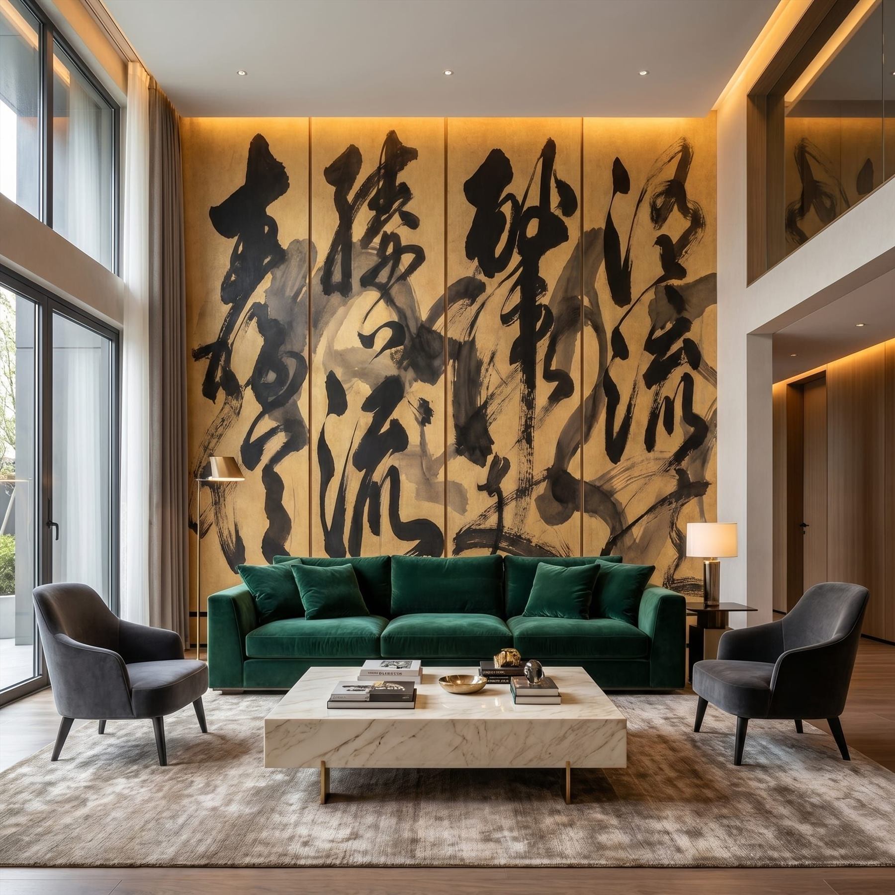 Abstract-Calligraphy Bold-Ink-Strokes for Luxury-Interior Black-Gold-Palette Living-Room Scene