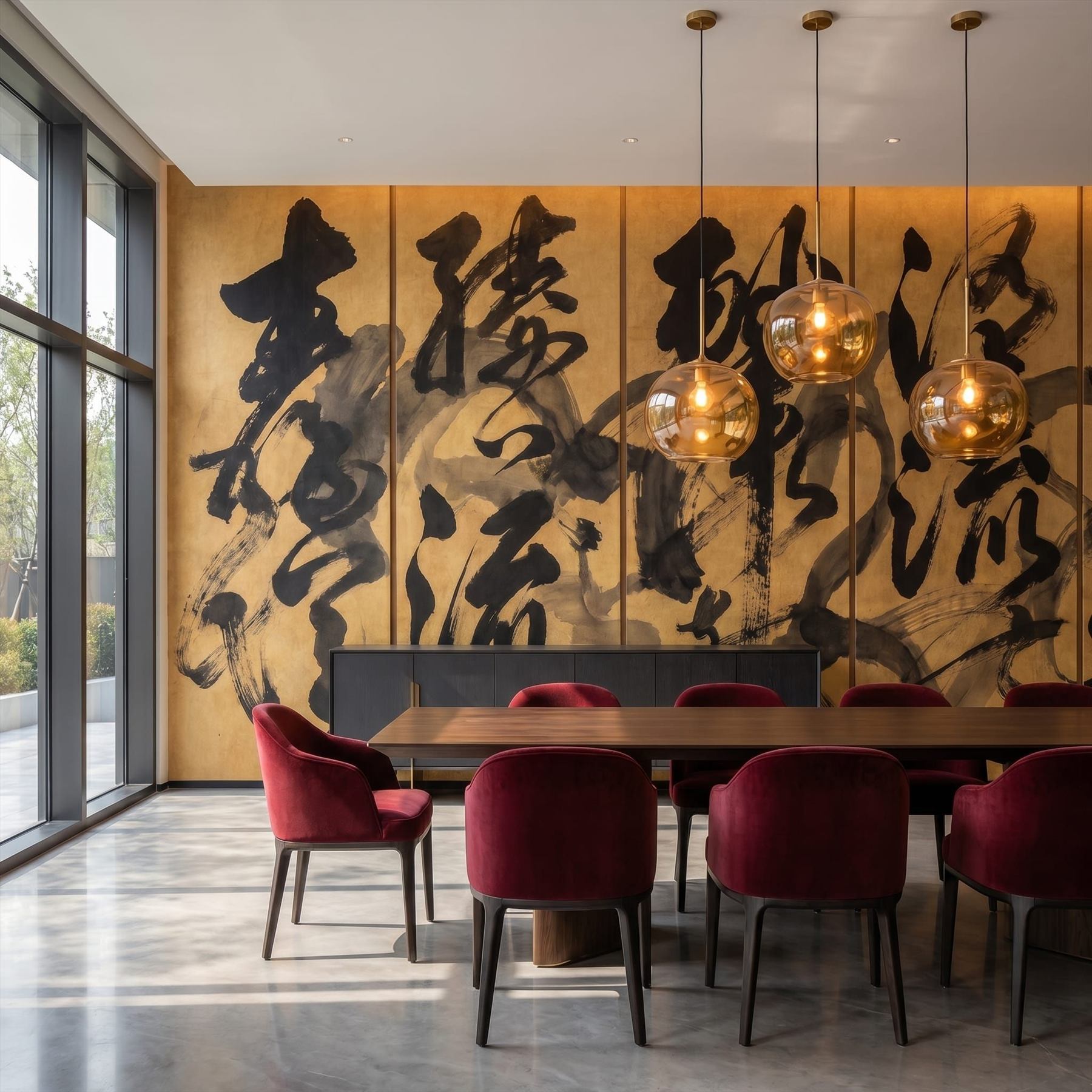 Abstract-Calligraphy Bold-Ink-Strokes for Luxury-Interior Black-Gold-Palette Dining-Room Scene