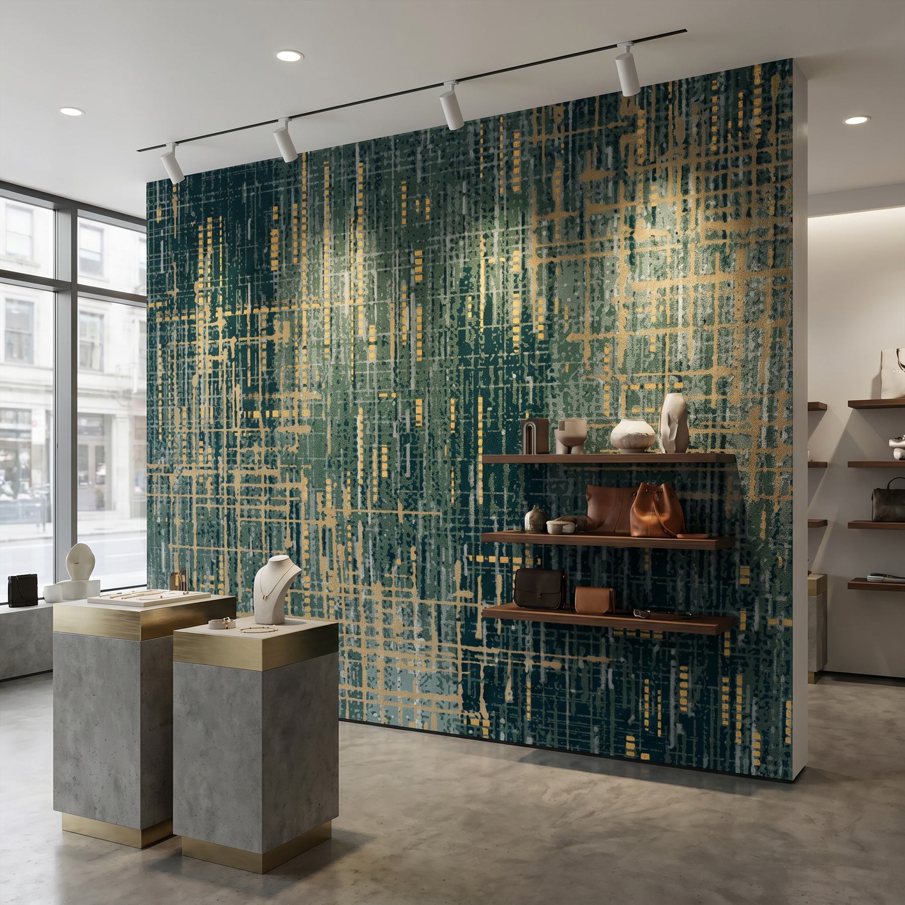 Abstract-Textured-Lines Commercial-Interiors Teal-Gold 08 Boutique-Display-Wall