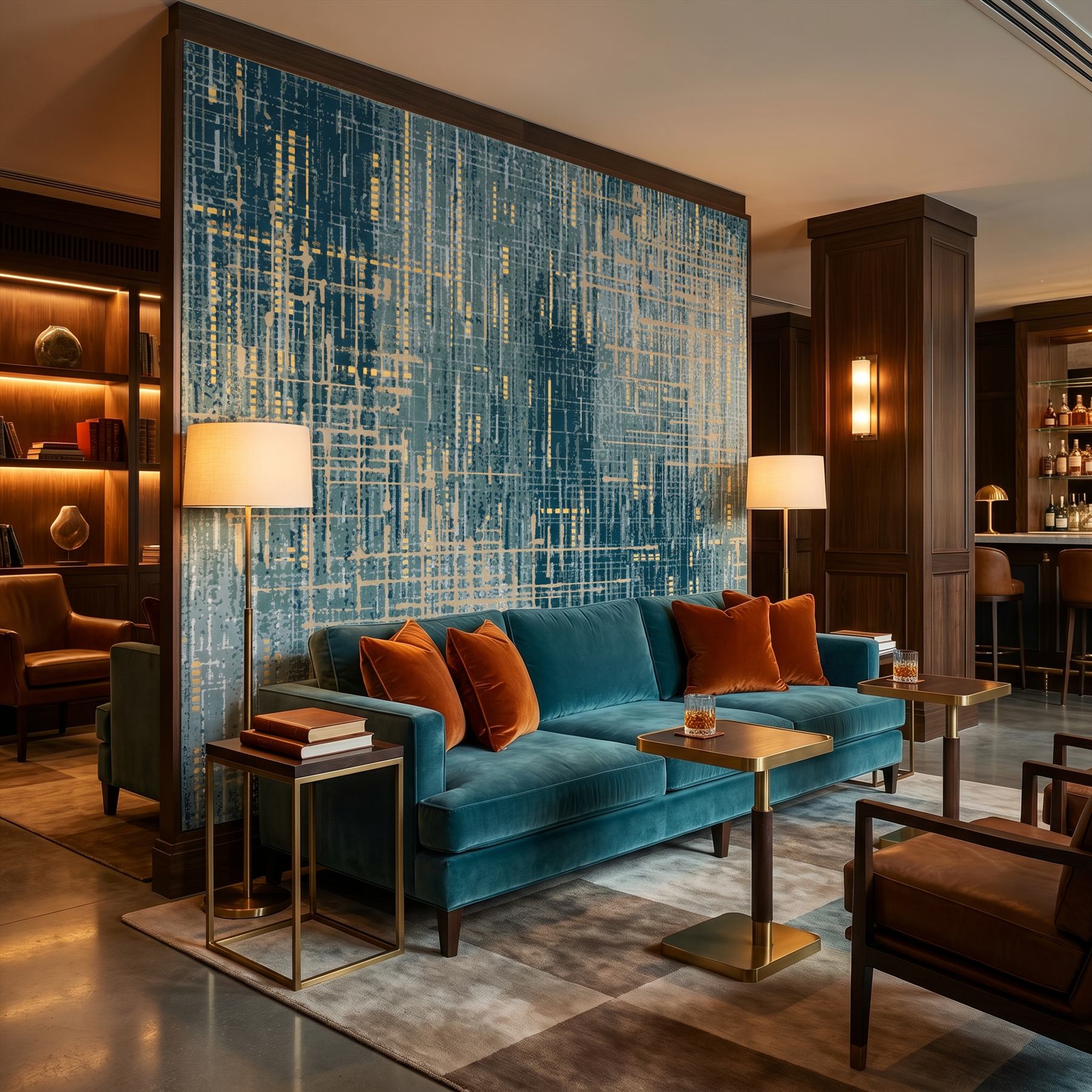 Abstract-Textured-Lines Commercial-Interiors Teal-Gold 07 Private-Club-Lounge