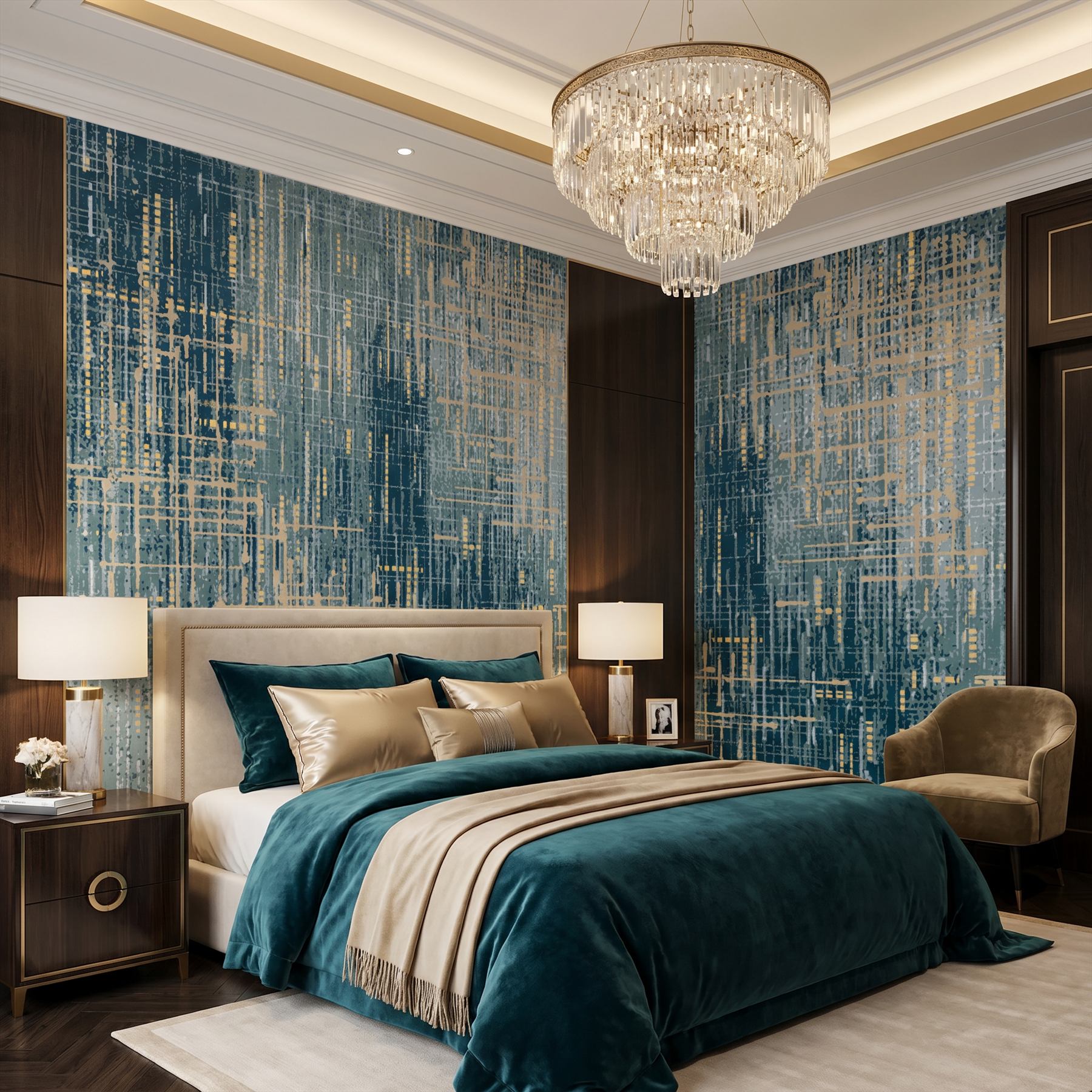 Abstract-Textured-Lines Commercial-Interiors Teal-Gold 12 European-Luxury-Bedroom