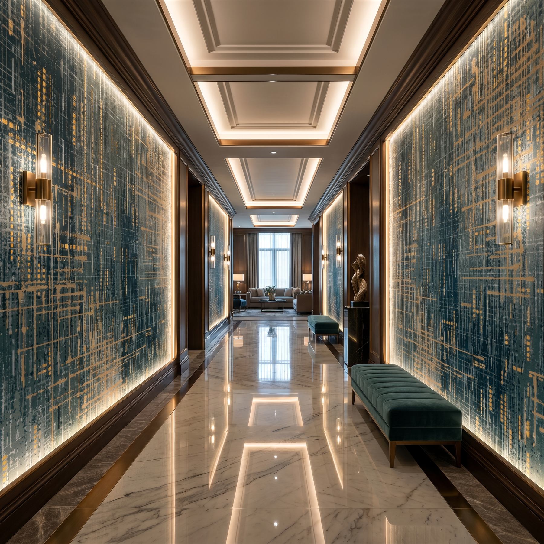 Abstract-Textured-Lines Commercial-Interiors Teal-Gold 05 Club-Corridor