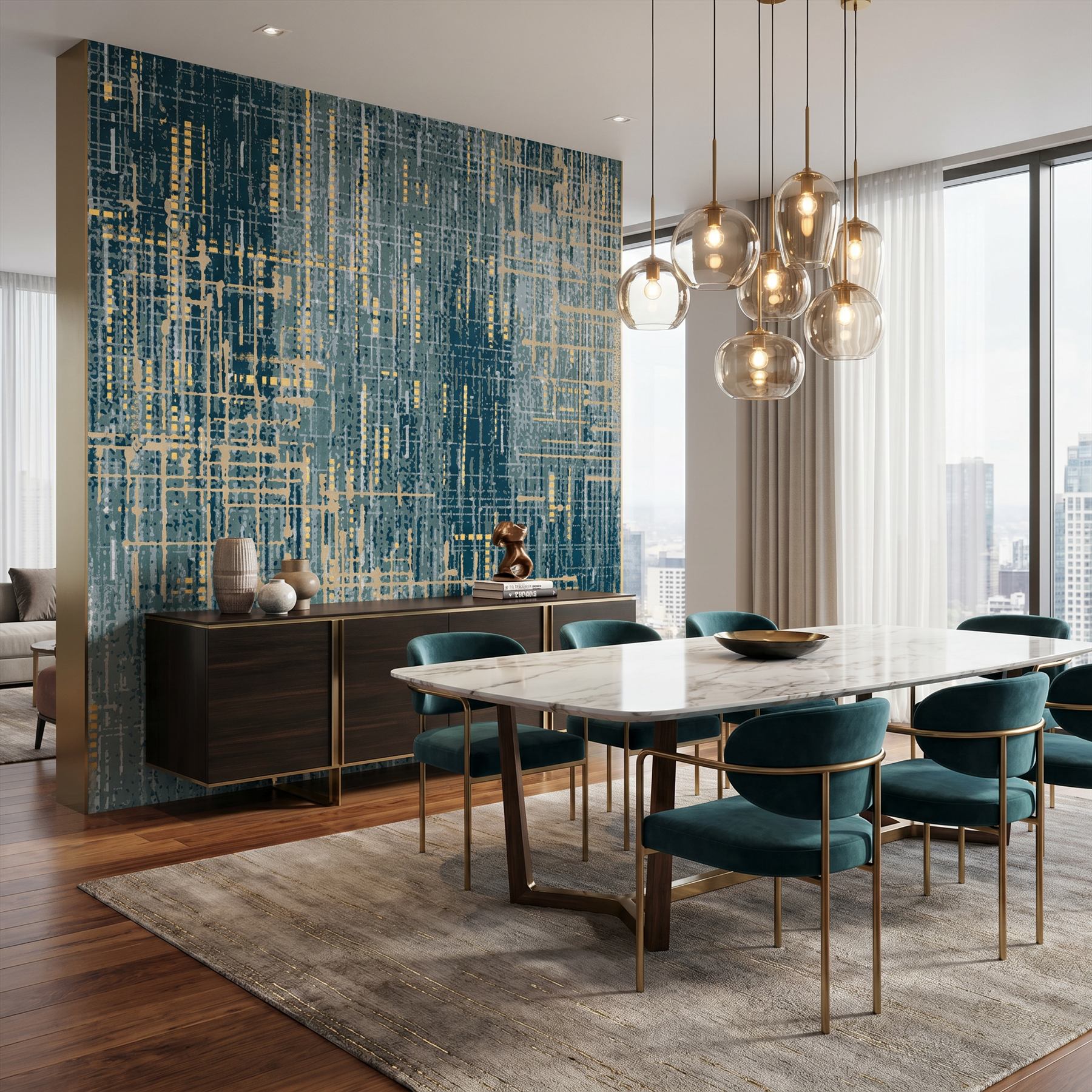 Abstract-Textured-Lines Commercial-Interiors Teal-Gold 09 Luxury-Apartment-Dining