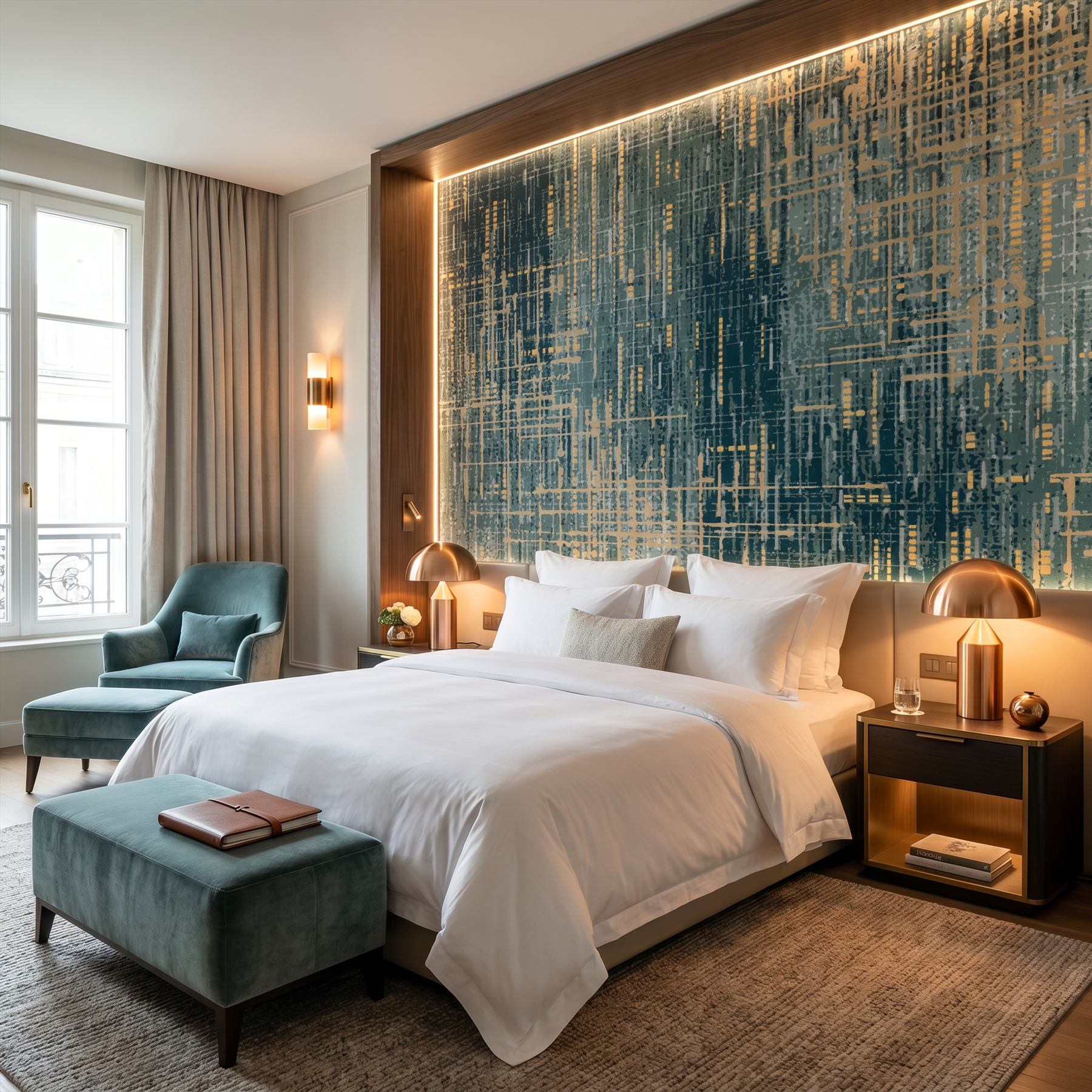 Abstract-Textured-Lines Commercial-Interiors Teal-Gold 04 Boutique-Hotel-Bedroom