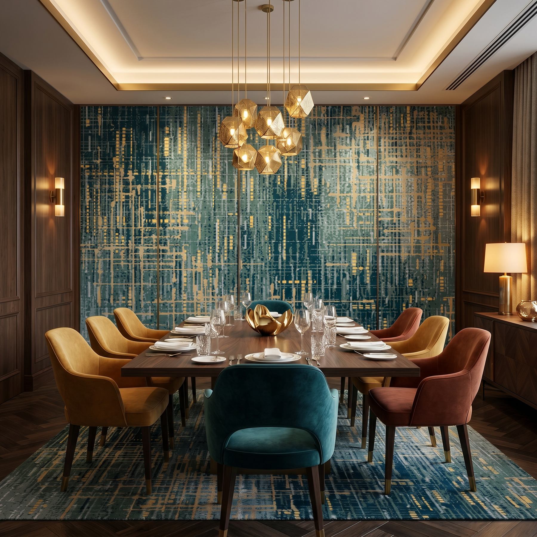 Abstract-Textured-Lines Commercial-Interiors Teal-Gold 02 Fine-Dining-Private-Room