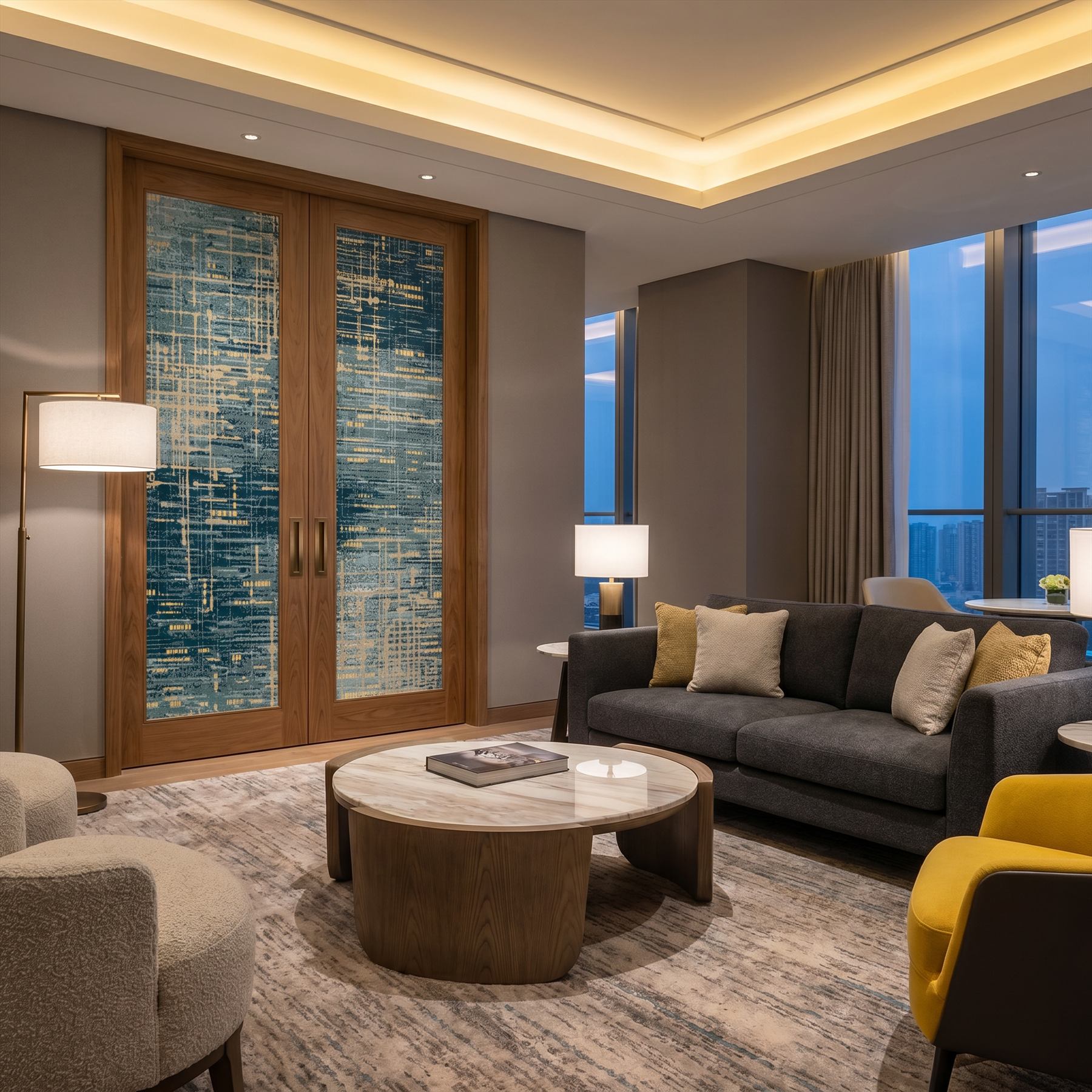 Abstract-Textured-Lines Commercial-Interiors Teal-Gold 10 Hotel-Suite-Living