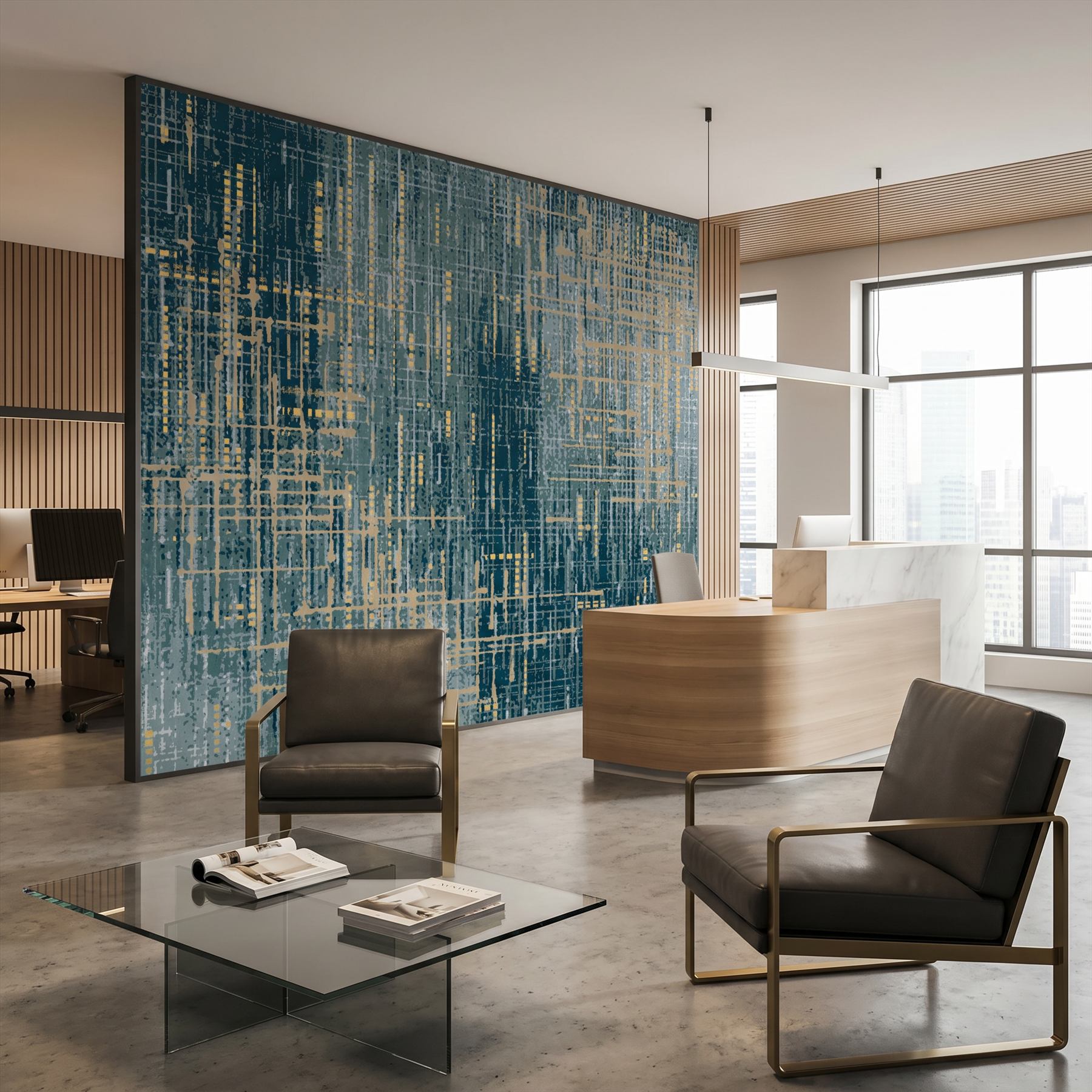 Abstract-Textured-Lines Commercial-Interiors Teal-Gold 06 Office-Reception