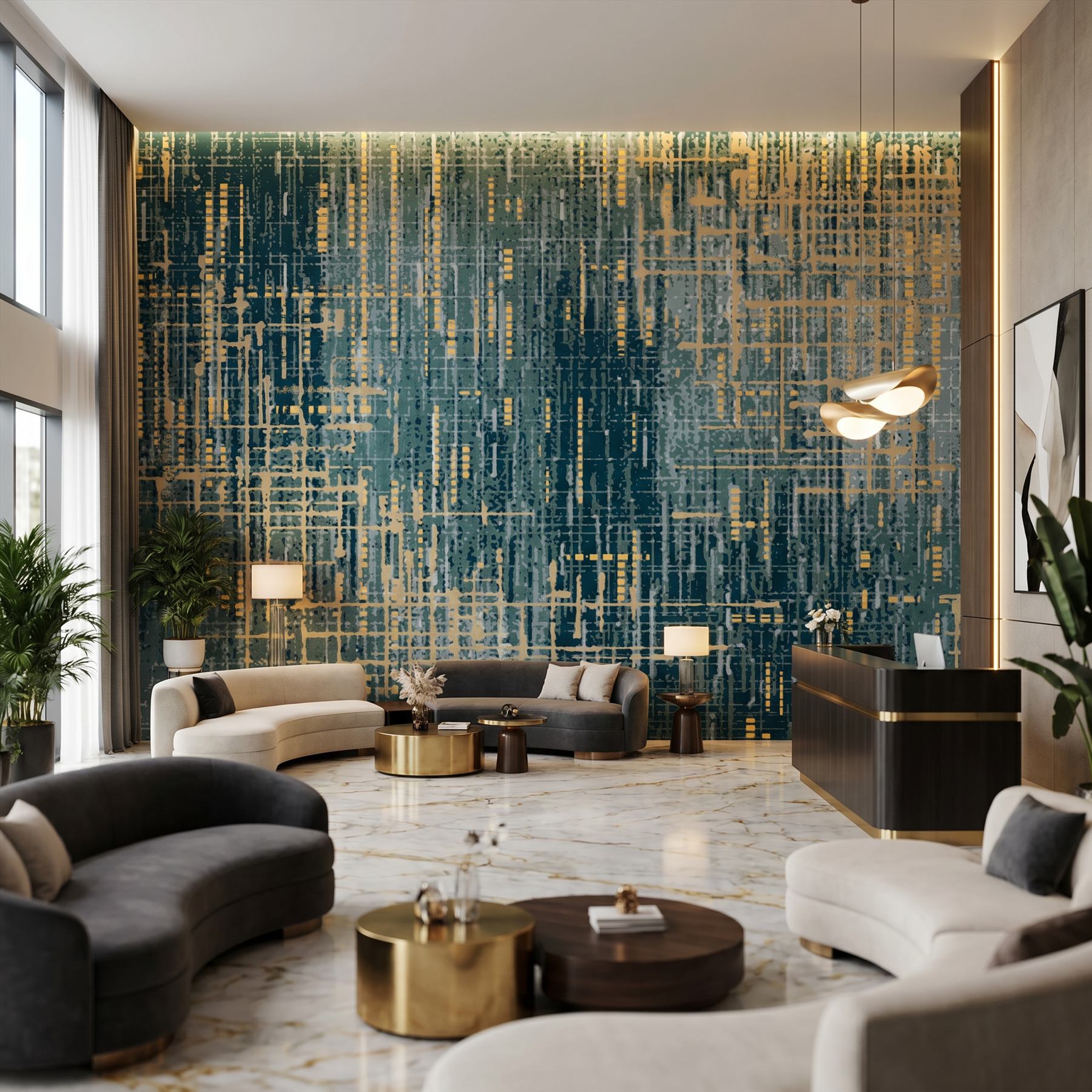 Abstract-Textured-Lines Commercial-Interiors Teal-Gold 02 Fine-Dining-Private-Room