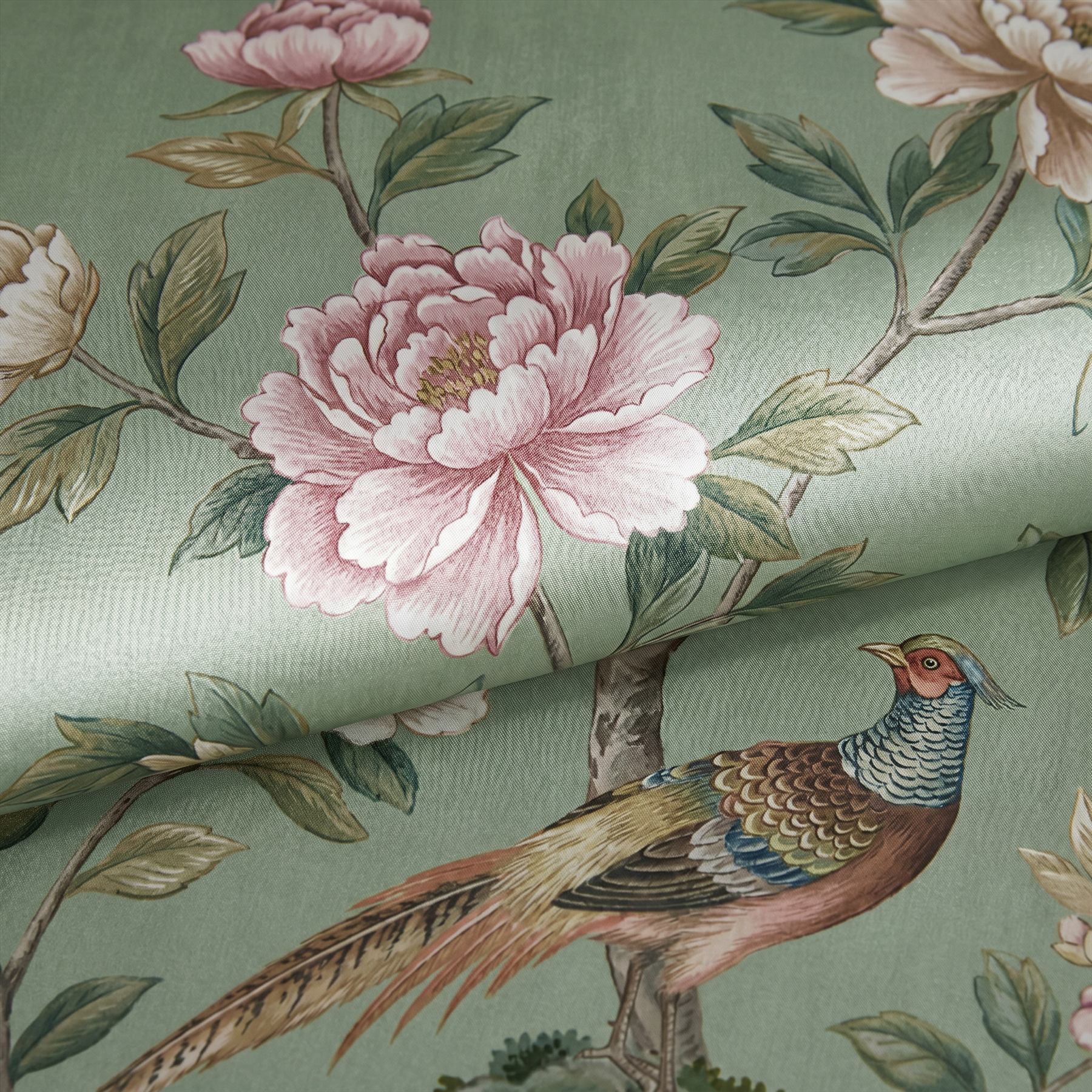 Chinoiserie Floral Birds Mural for Commercial Space Sage Green Palette - 印花加局部细线手绣刺绣不同部位