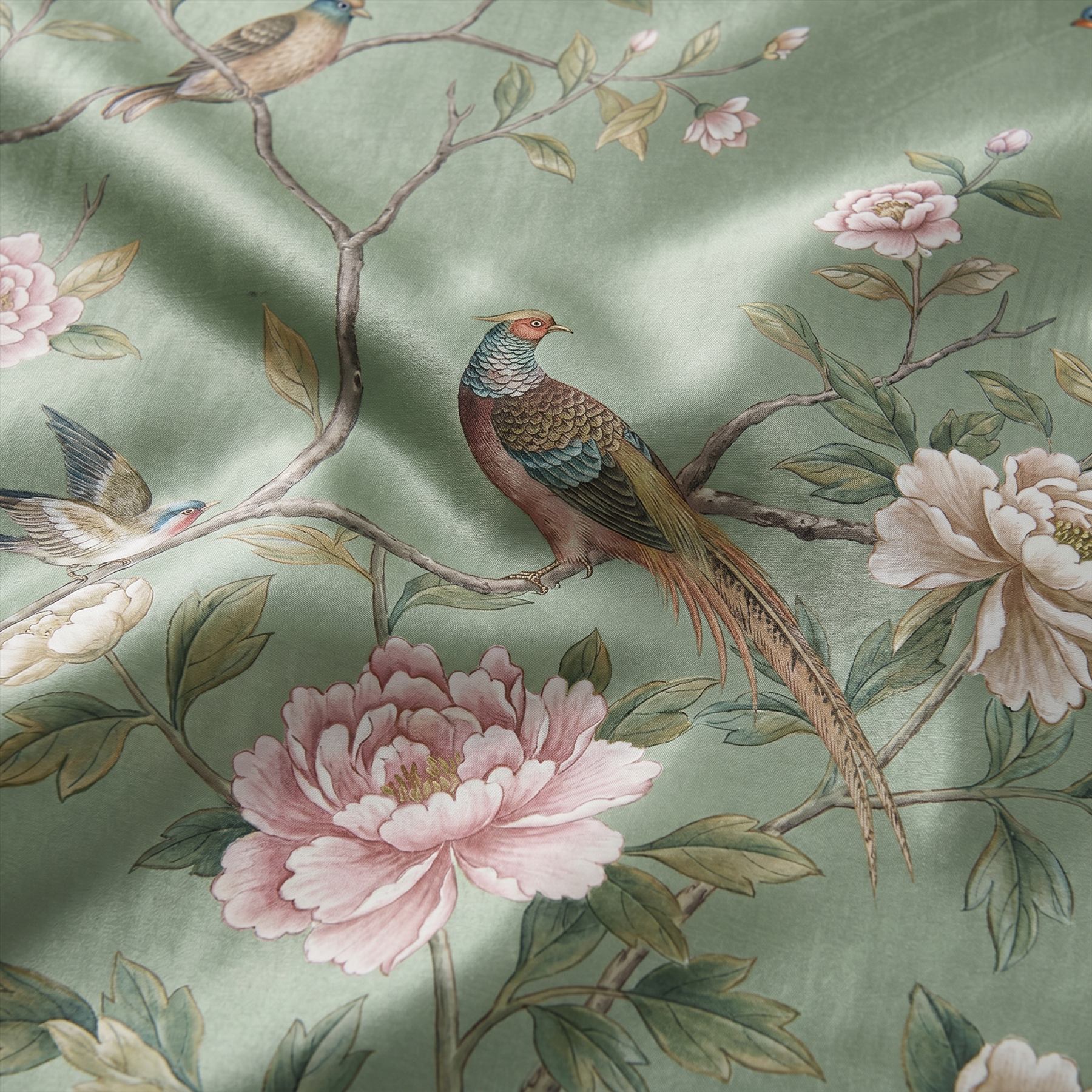 Chinoiserie Floral Birds Mural for Commercial Space Sage Green Palette - 超细纹工笔双宫打印