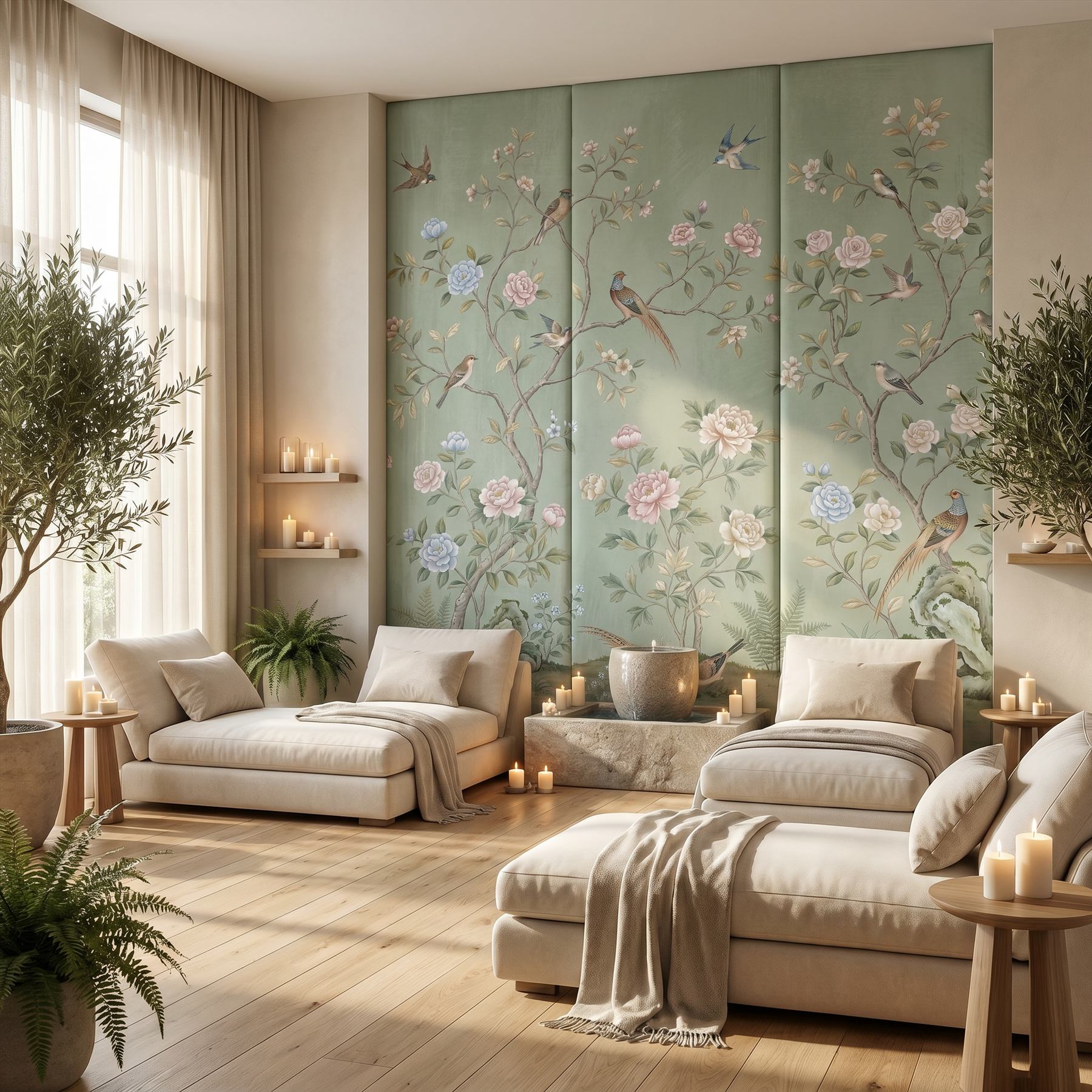 Chinoiserie Floral Birds Mural for Commercial Space Sage Green Palette - 奢华SPA会所