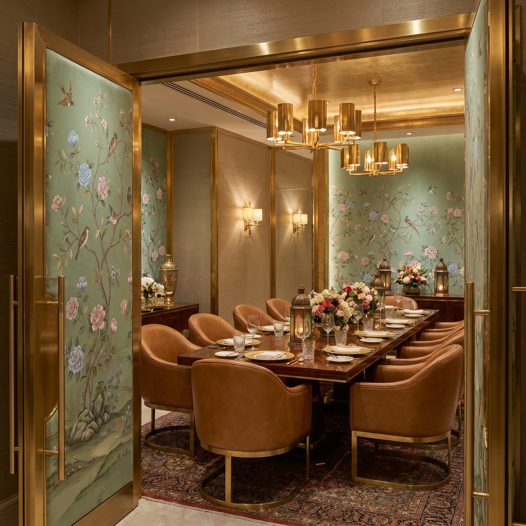 Chinoiserie Floral Birds Mural for Commercial Space Sage Green Palette - 高端餐厅包厢