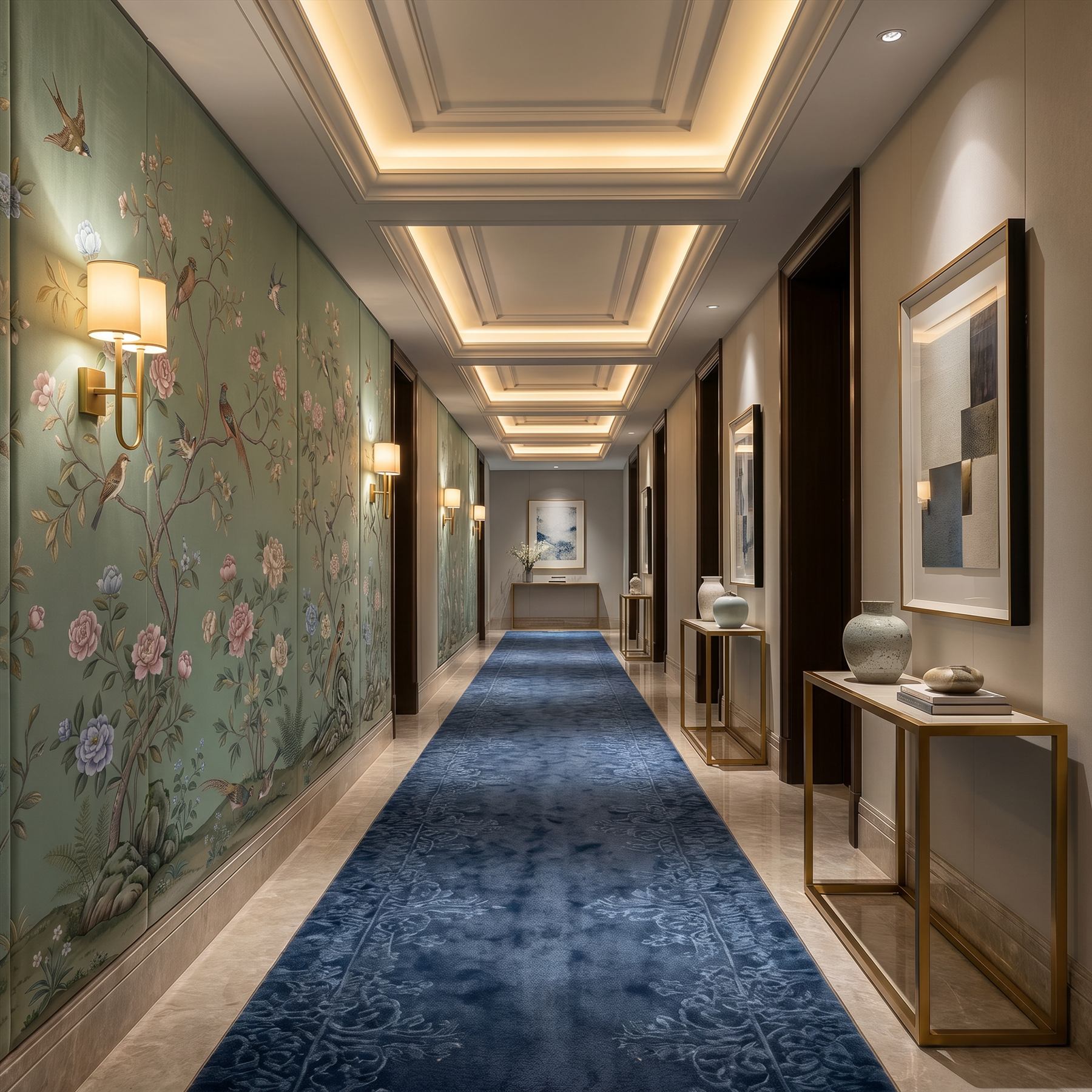 Chinoiserie Floral Birds Mural for Commercial Space Sage Green Palette - 酒店走廊