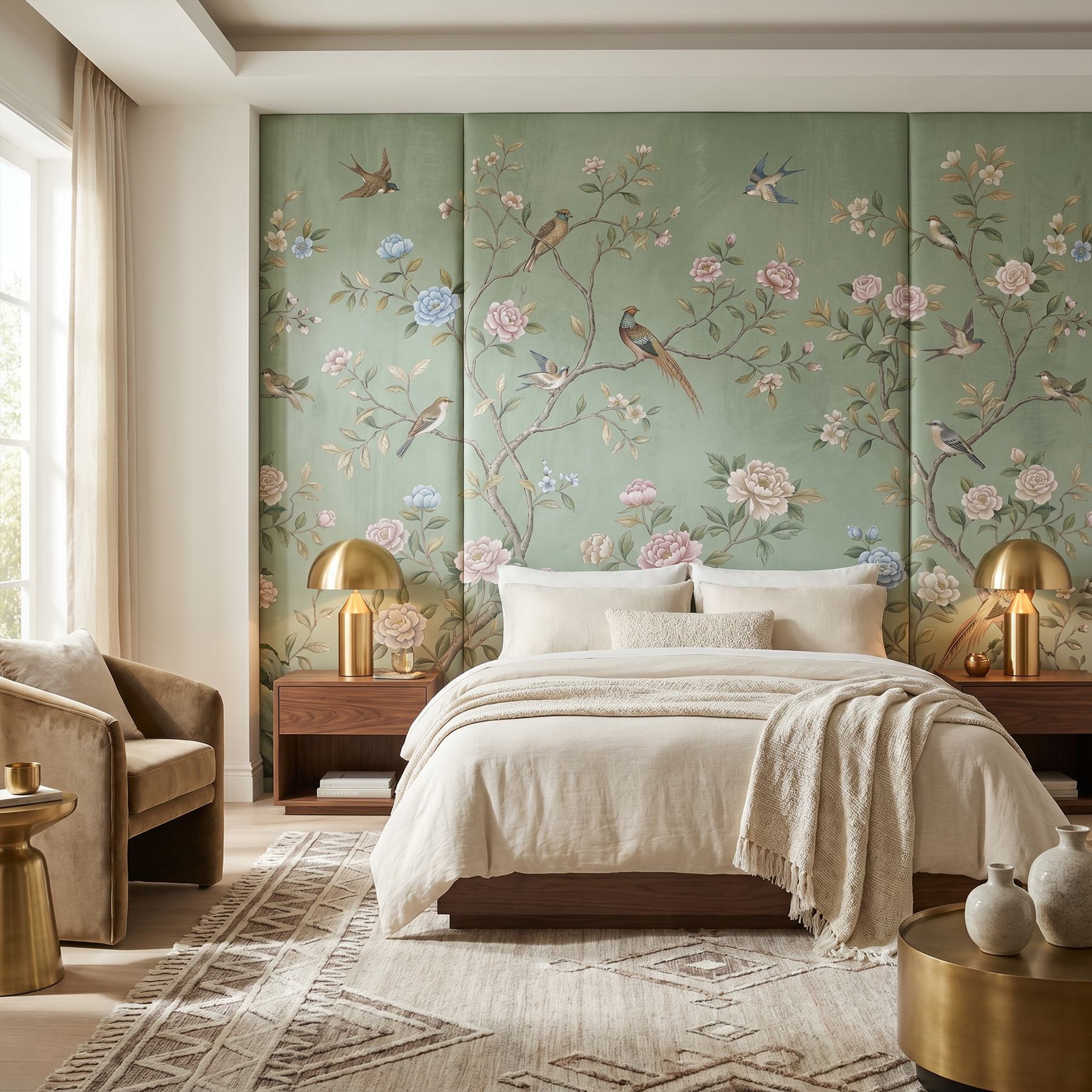 Chinoiserie Floral Birds Mural for Commercial Space Sage Green Palette - 主卧室