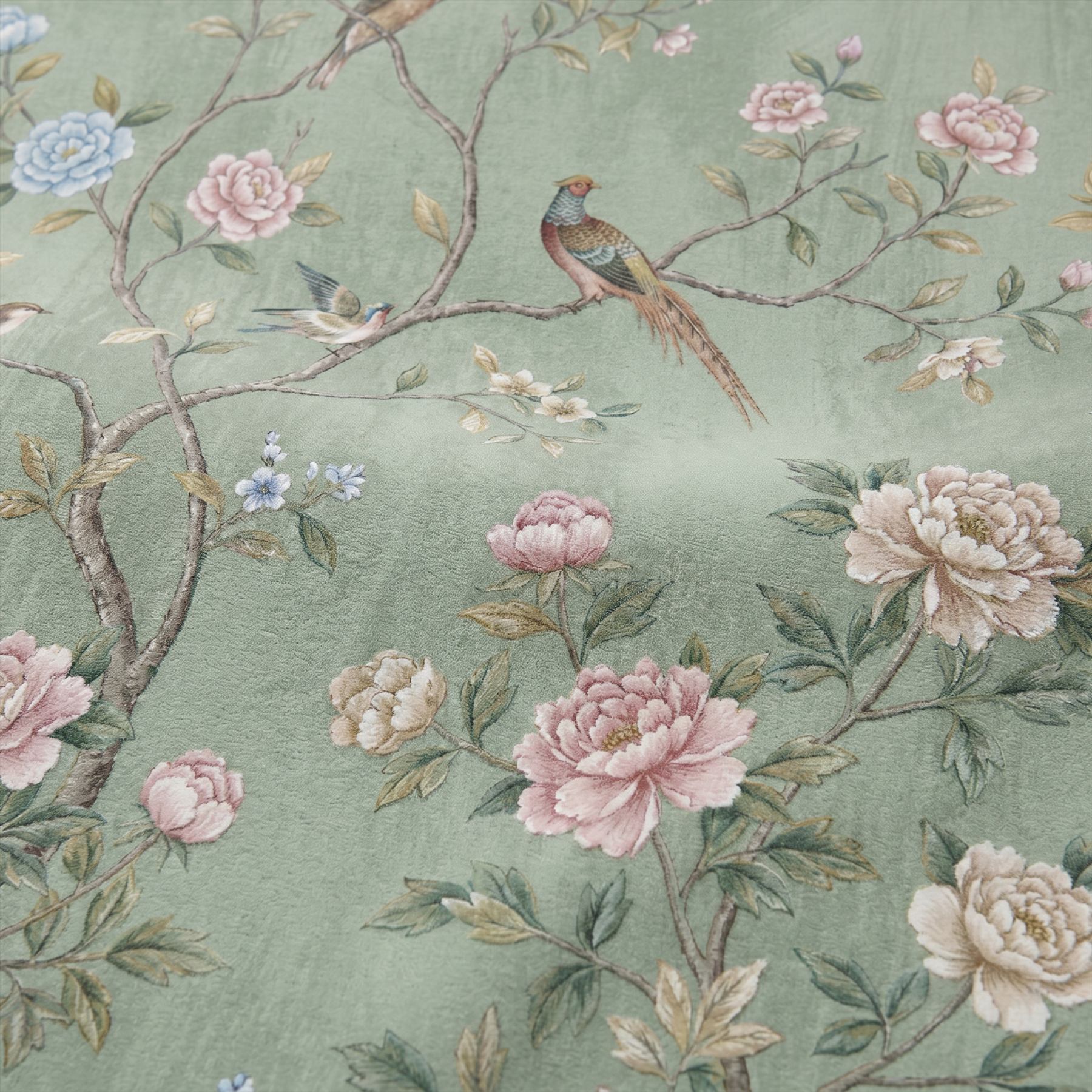 Chinoiserie Floral Birds Mural for Commercial Space Sage Green Palette - 超细纹雪尼尔平面打印