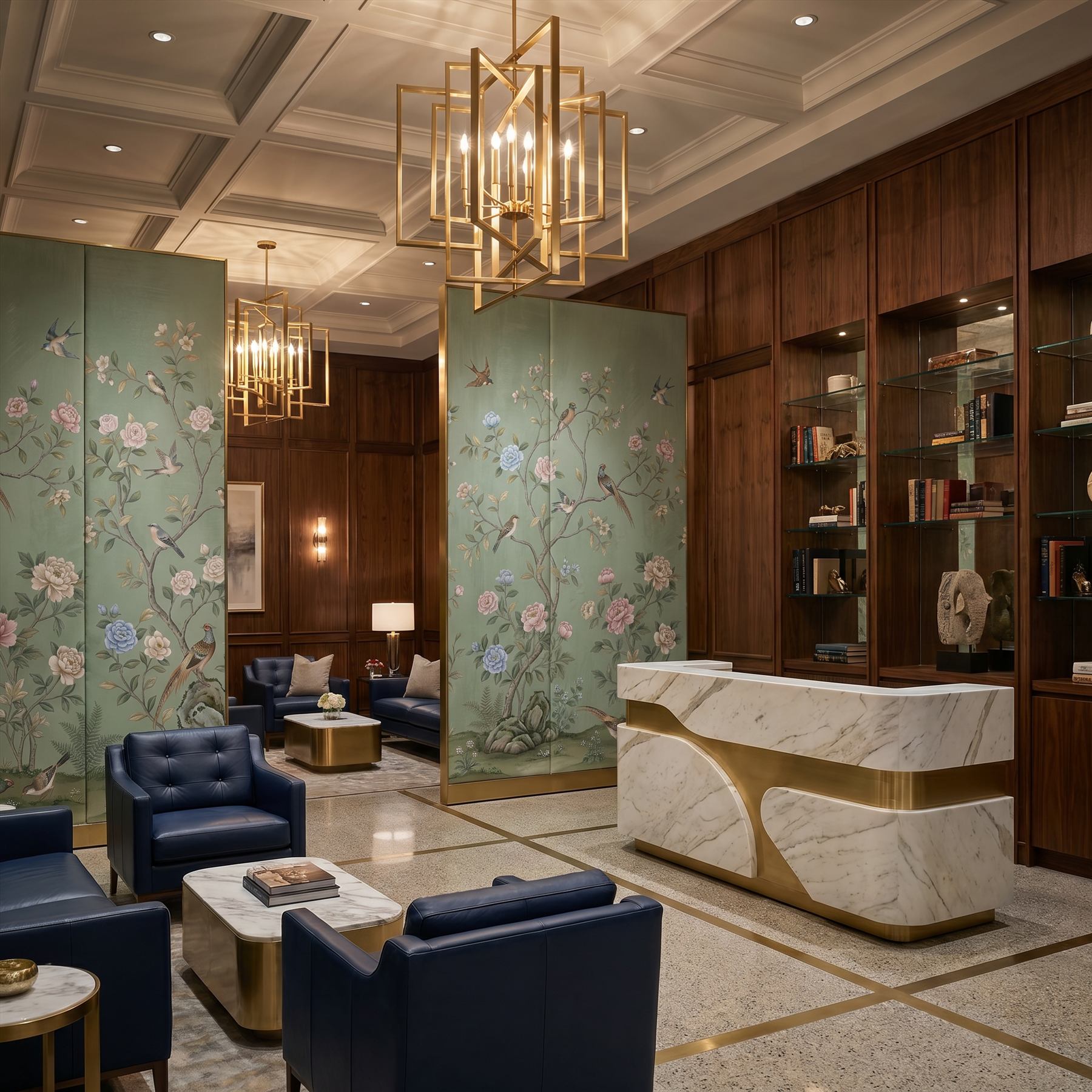 Chinoiserie Floral Birds Mural for Commercial Space Sage Green Palette - 商务会所接待厅