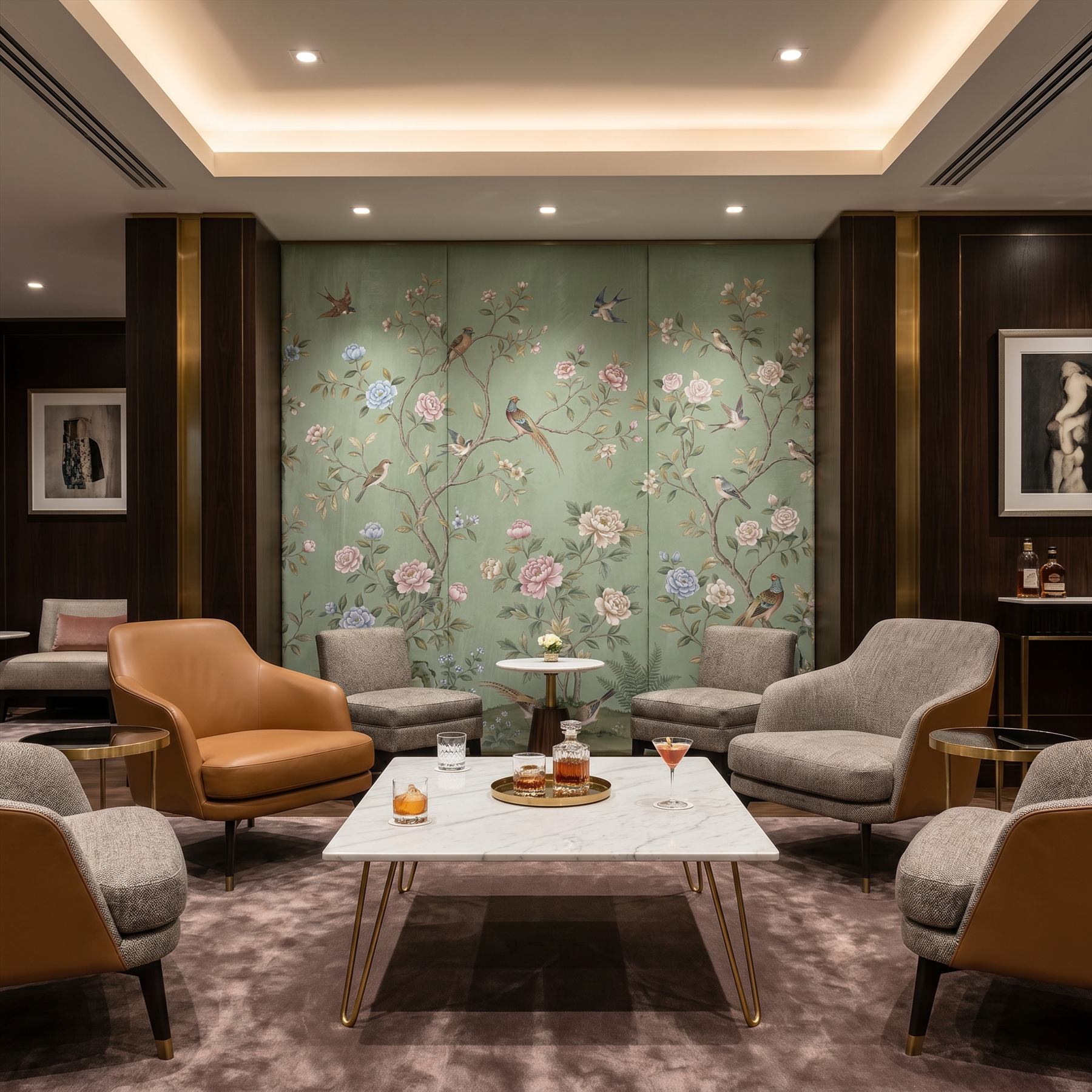 Chinoiserie Floral Birds Mural for Commercial Space Sage Green Palette - 私人会所休息区
