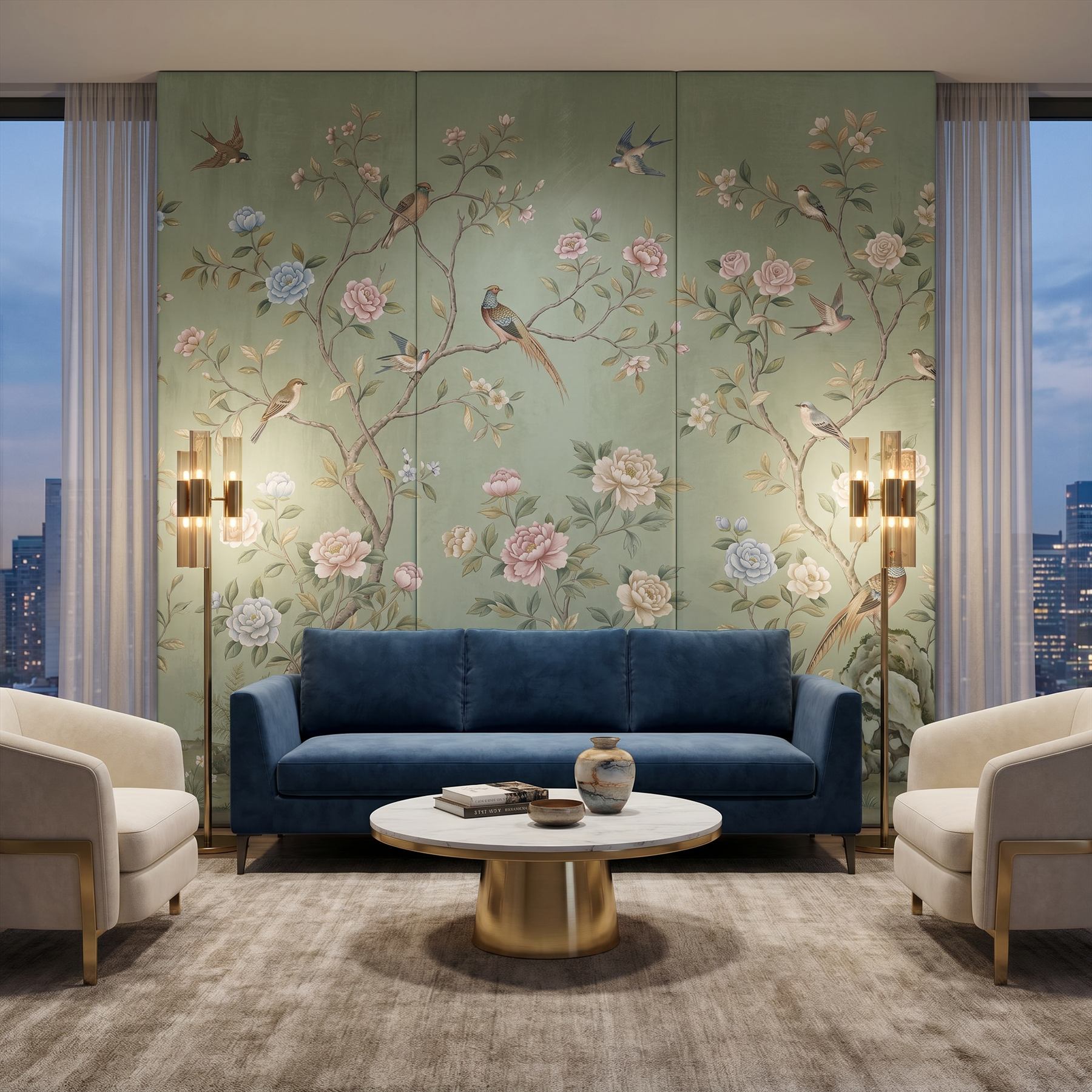 Chinoiserie Floral Birds Mural for Commercial Space Sage Green Palette - 酒店套房客厅
