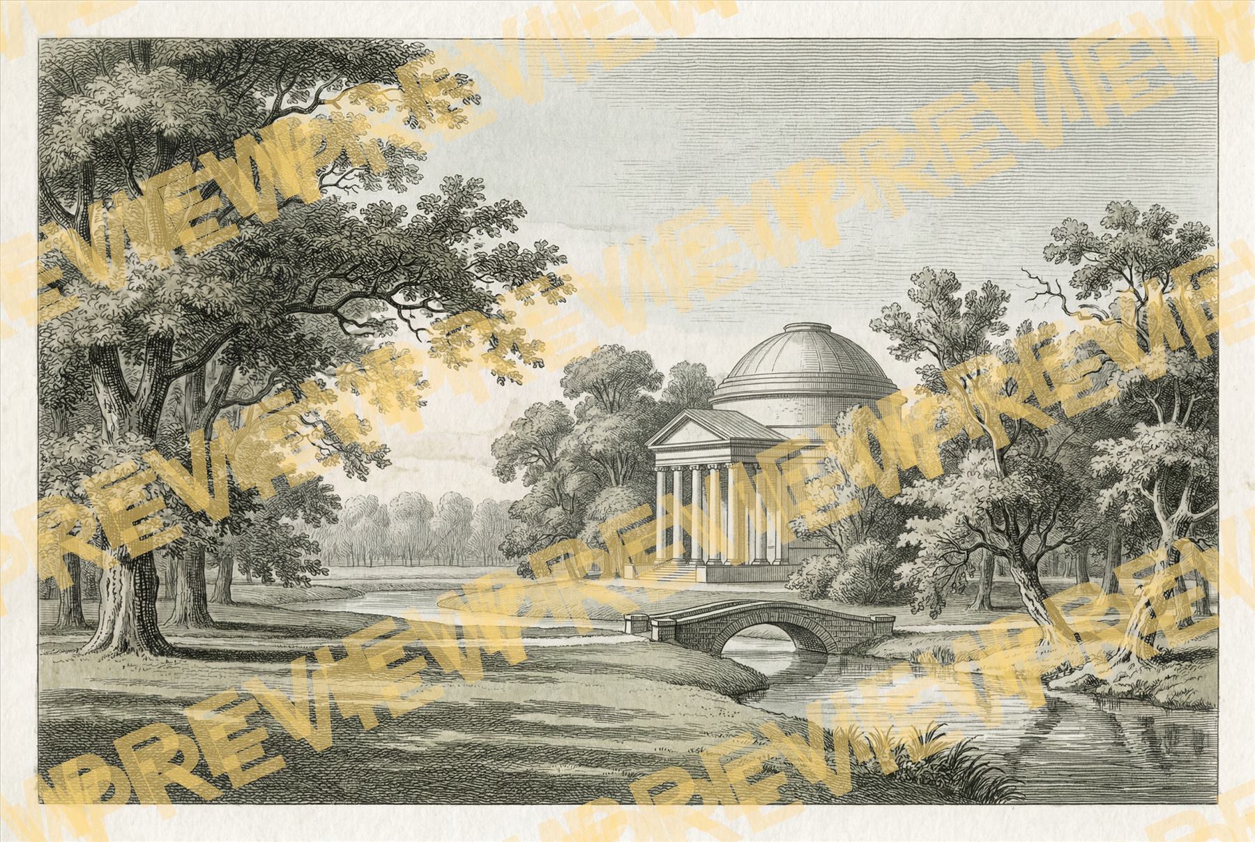 Classical-Engraving-Domed-Pavilion-for-Riverside-Park-Monochromatic-Green