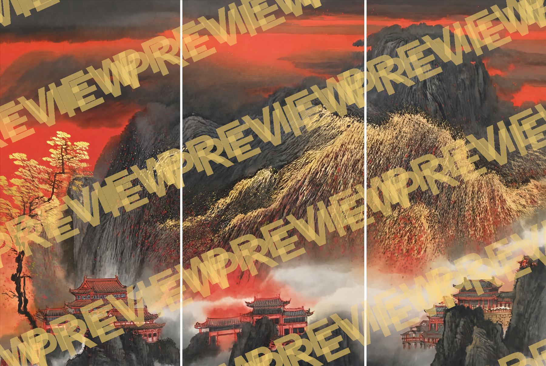 Crimson-Peaks-Splendor Majestic-Oriental-Mountainscape-Golden-Red