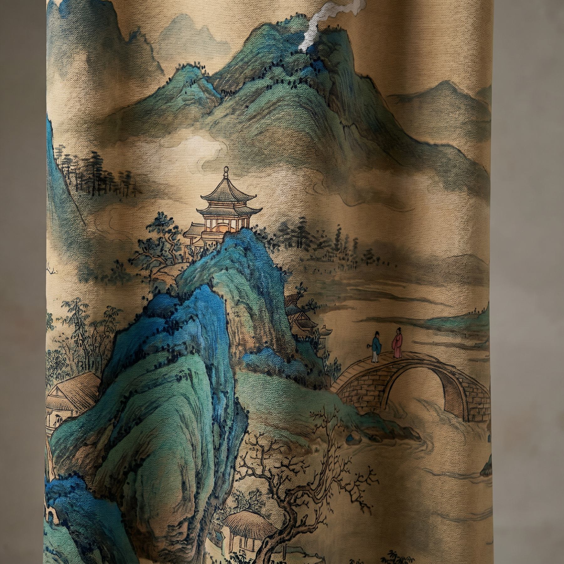 Cyan-Green Landscape for Commercial Space Traditional Chinese Aesthetic - Ultra-fine Chenille Detail 2