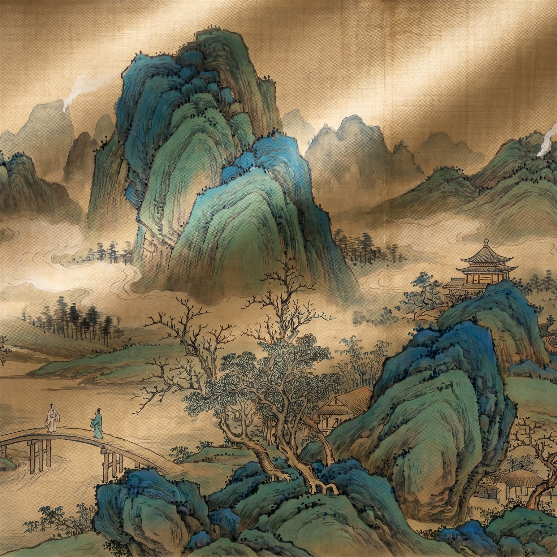 Cyan-Green Landscape for Commercial Space Traditional Chinese Aesthetic - Silk Print Detail 2