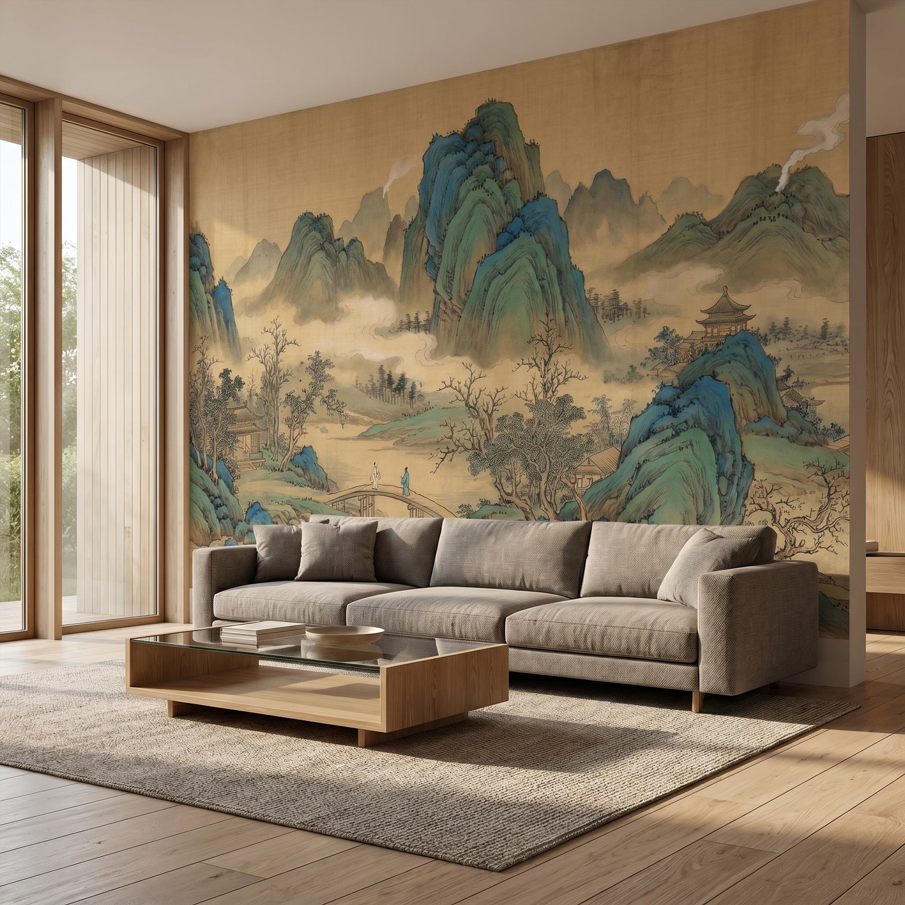 Cyan-Green Landscape for Commercial Space Traditional Chinese Aesthetic - Modern Living Room