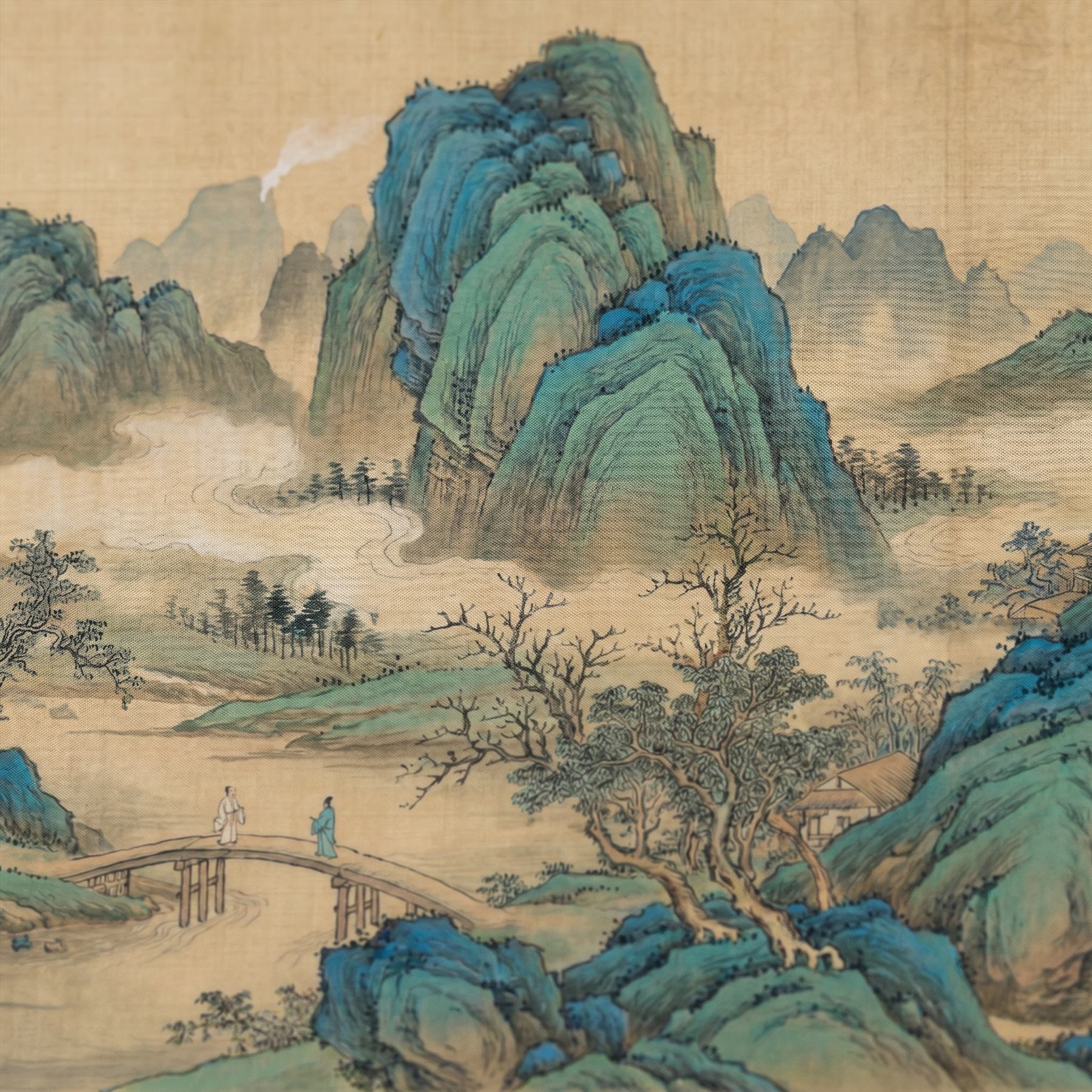 Cyan-Green Landscape for Commercial Space Traditional Chinese Aesthetic - Ultra-fine Gongbi Print Detail 1