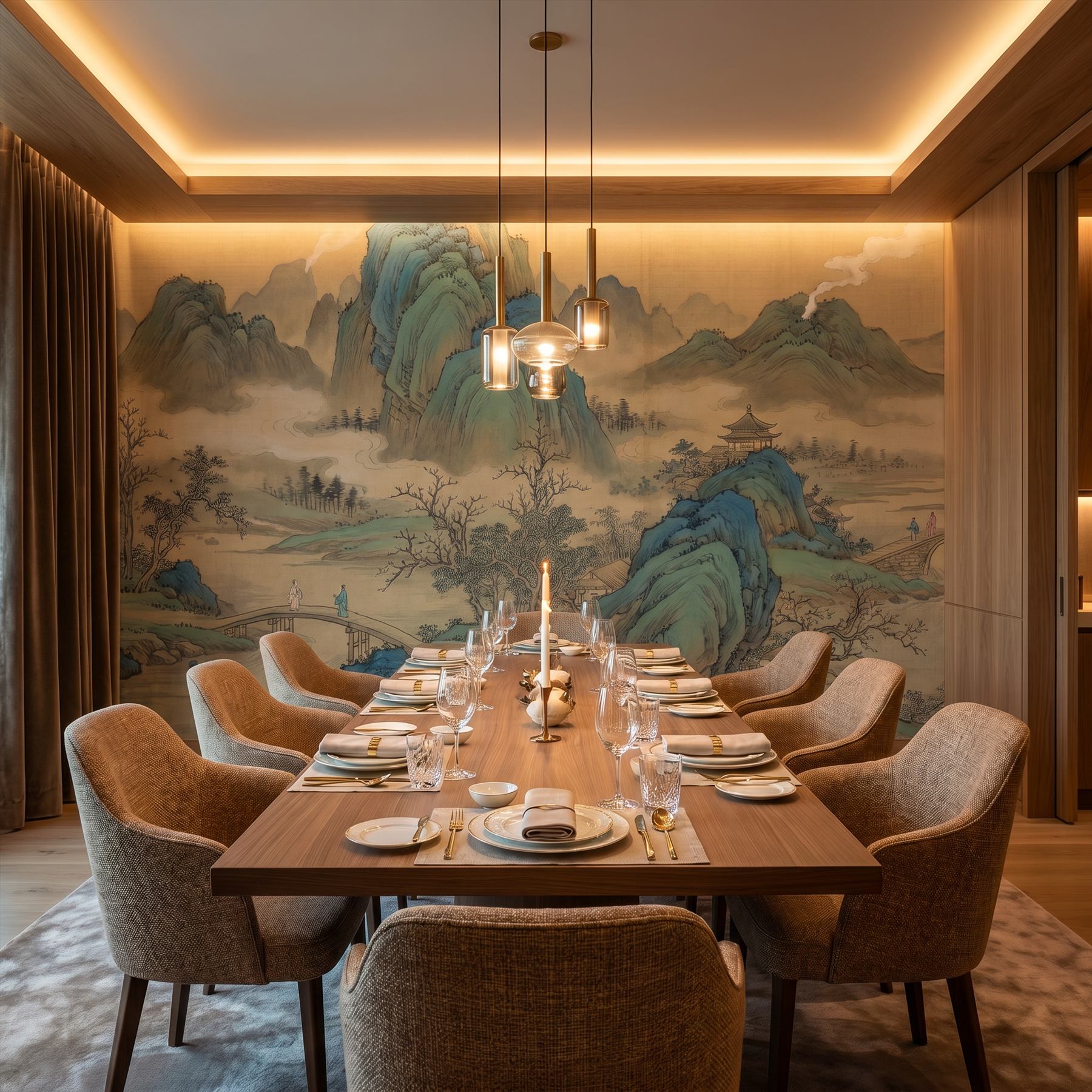 Cyan-Green Landscape for Commercial Space Traditional Chinese Aesthetic - Fine Dining Private Room