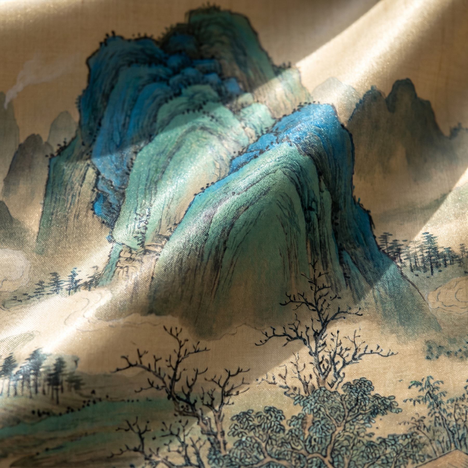 Cyan-Green Landscape for Commercial Space Traditional Chinese Aesthetic - Silk Print Detail 1
