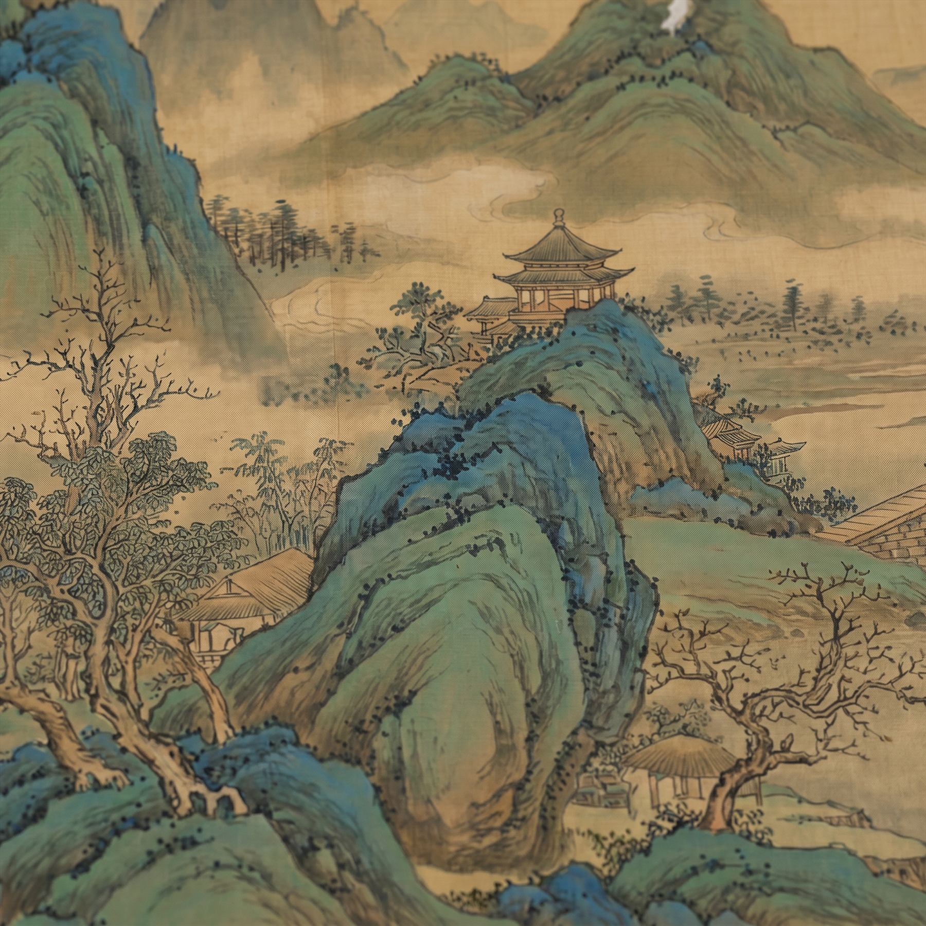Cyan-Green Landscape for Commercial Space Traditional Chinese Aesthetic - Fine Gongbi Silk Detail 2
