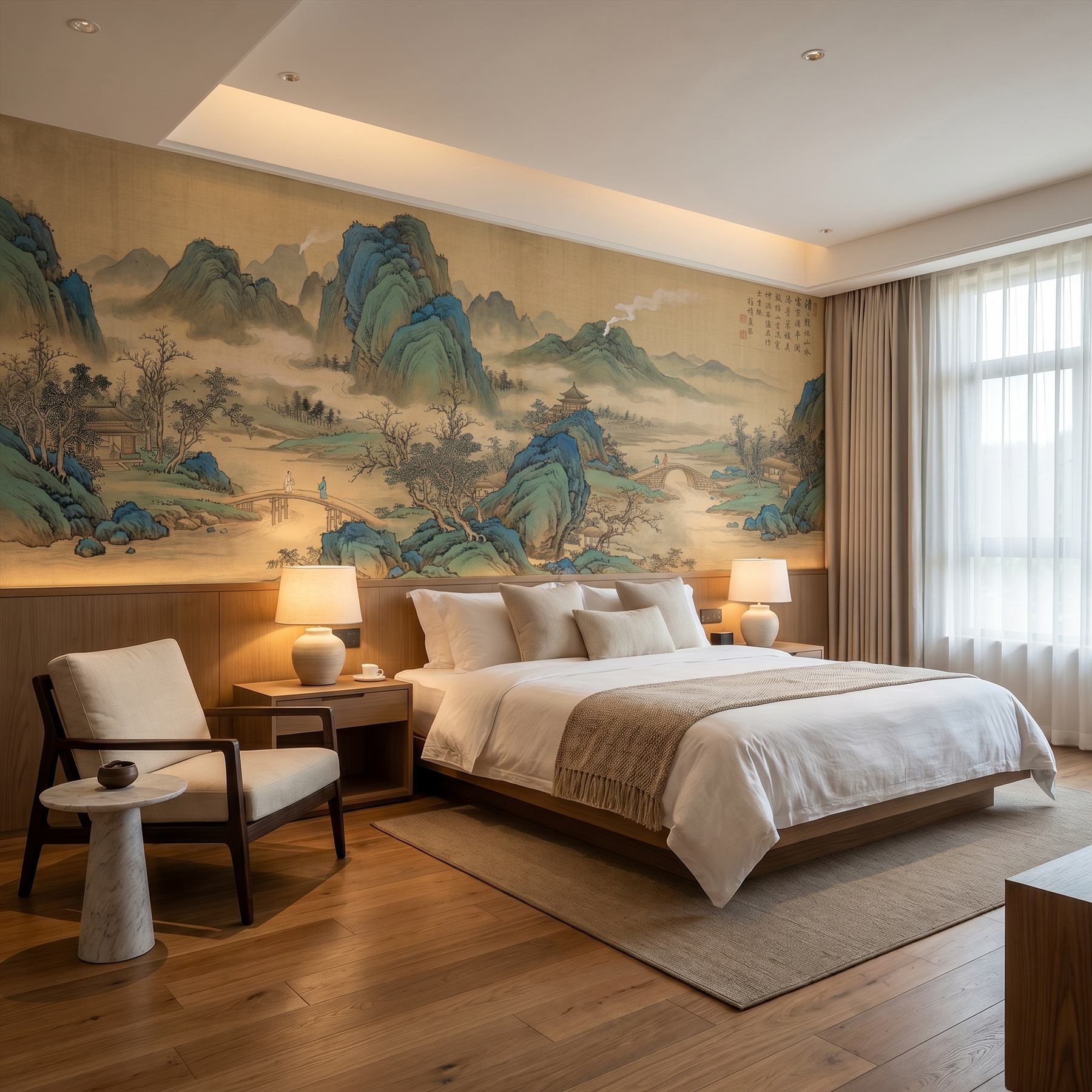 Cyan-Green Landscape for Commercial Space Traditional Chinese Aesthetic - Boutique Hotel Room