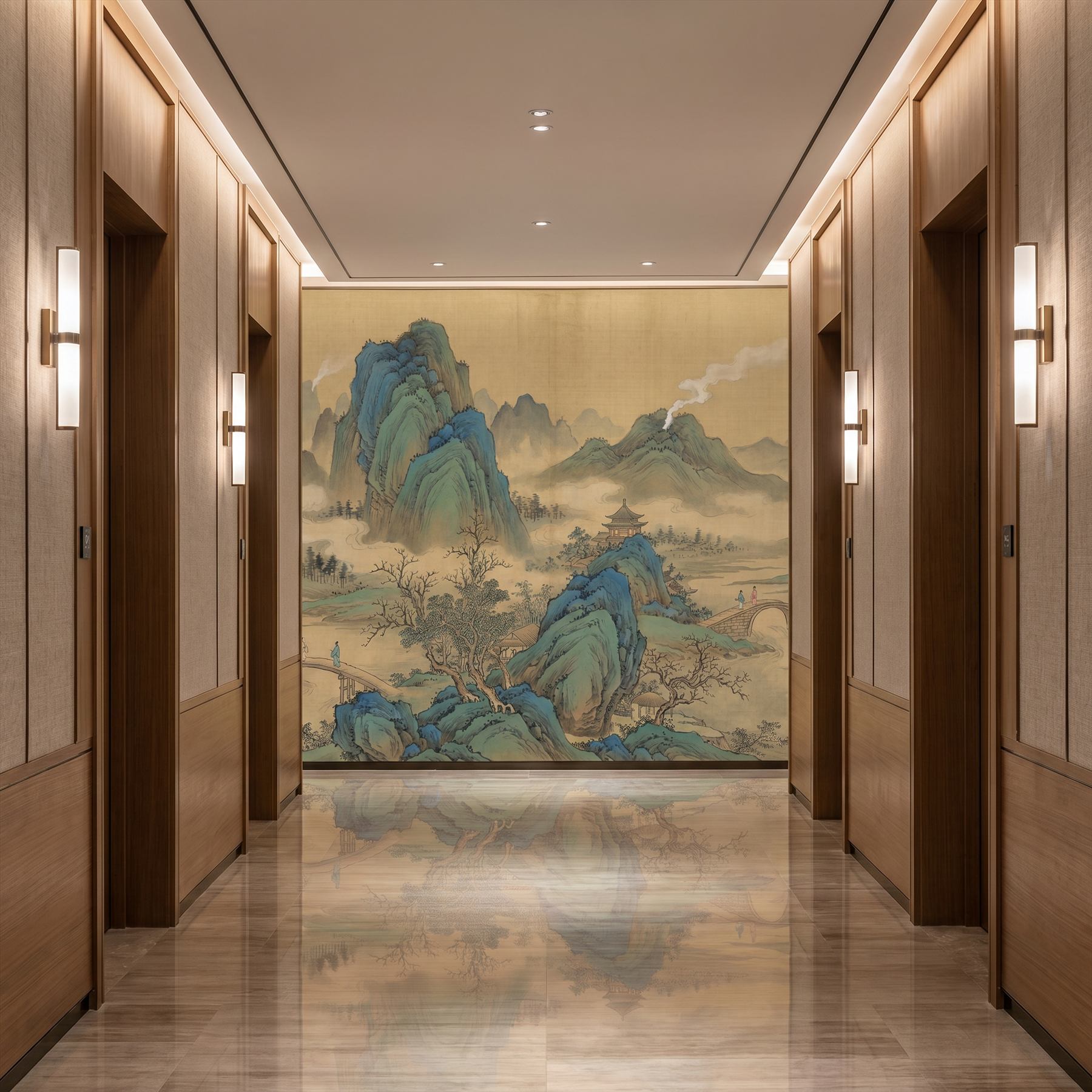 Cyan-Green Landscape for Commercial Space Traditional Chinese Aesthetic - Hotel Corridor