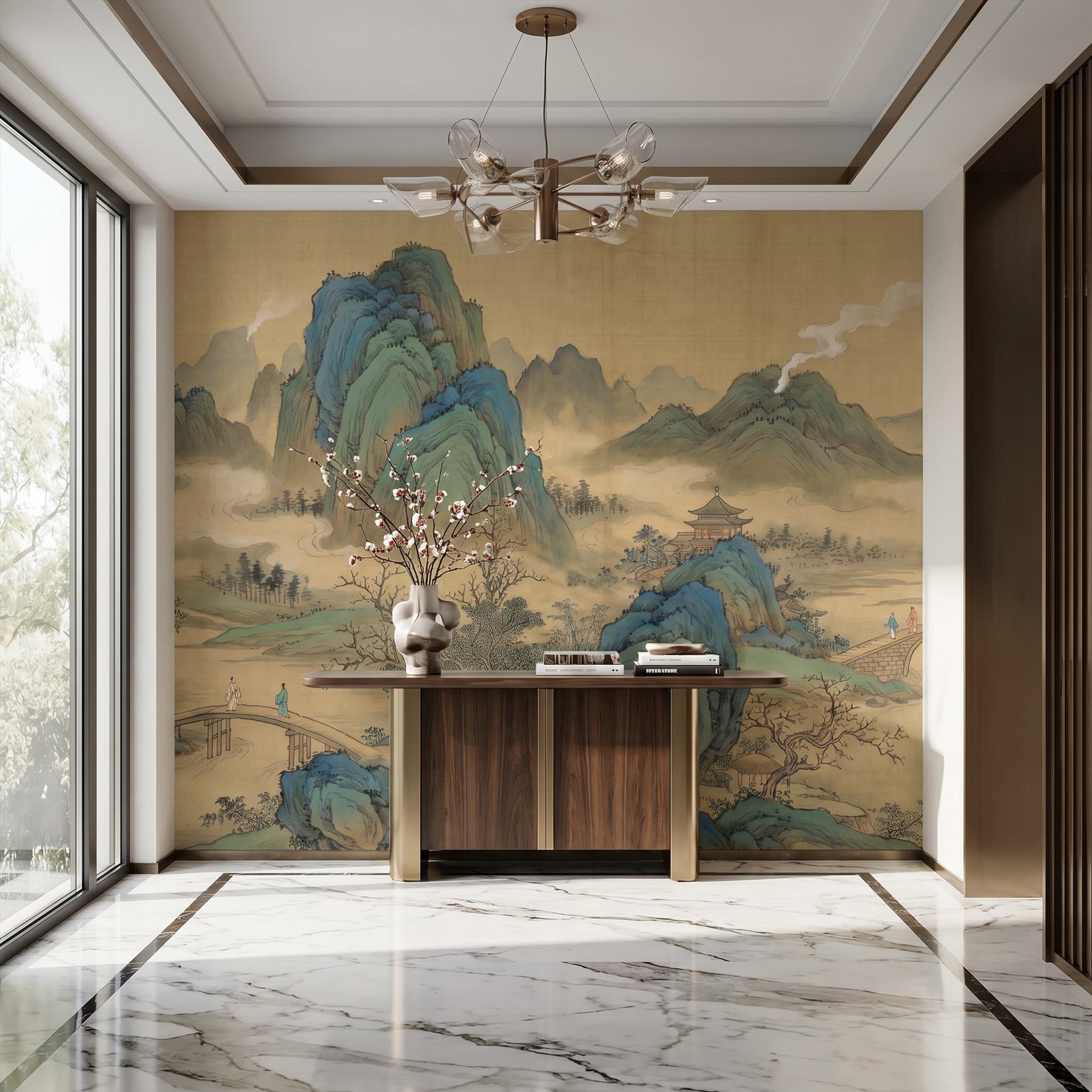 Cyan-Green Landscape for Commercial Space Traditional Chinese Aesthetic - Luxury Villa Foyer