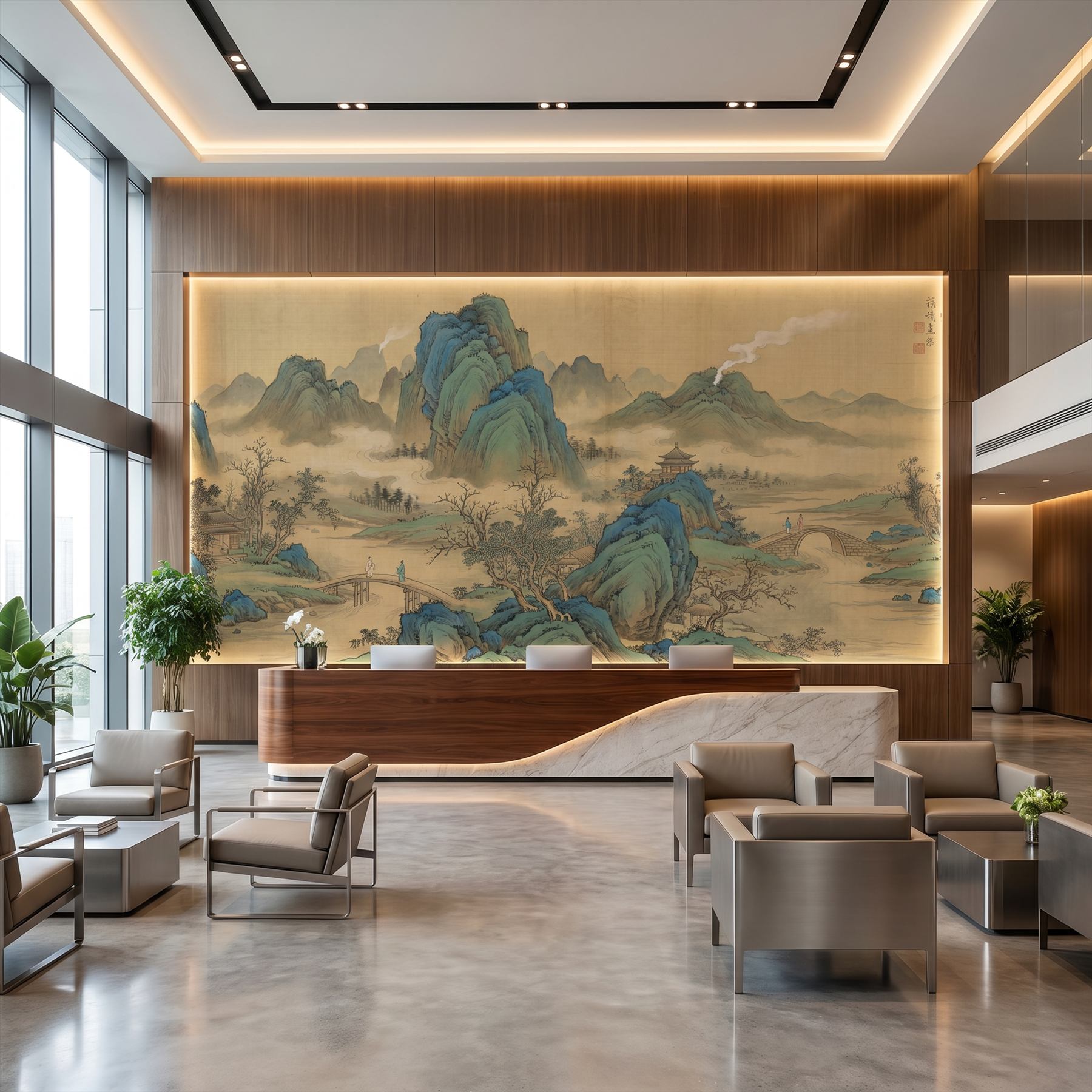 Cyan-Green Landscape for Commercial Space Traditional Chinese Aesthetic