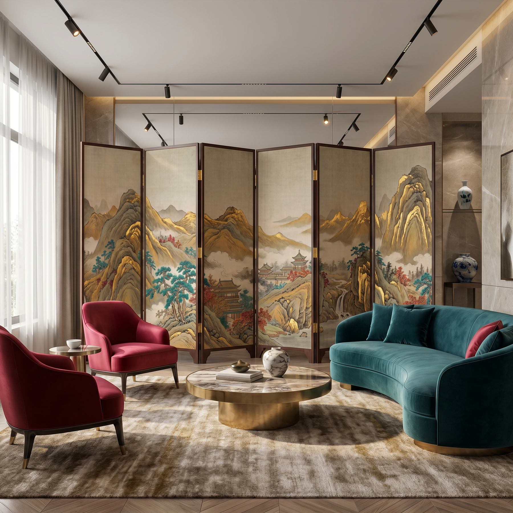 Golden-Peaks-Landscape-for-Luxury-Commercial-Space-Teal-Crimson-Accents-10-Hardback-Folding-Screen