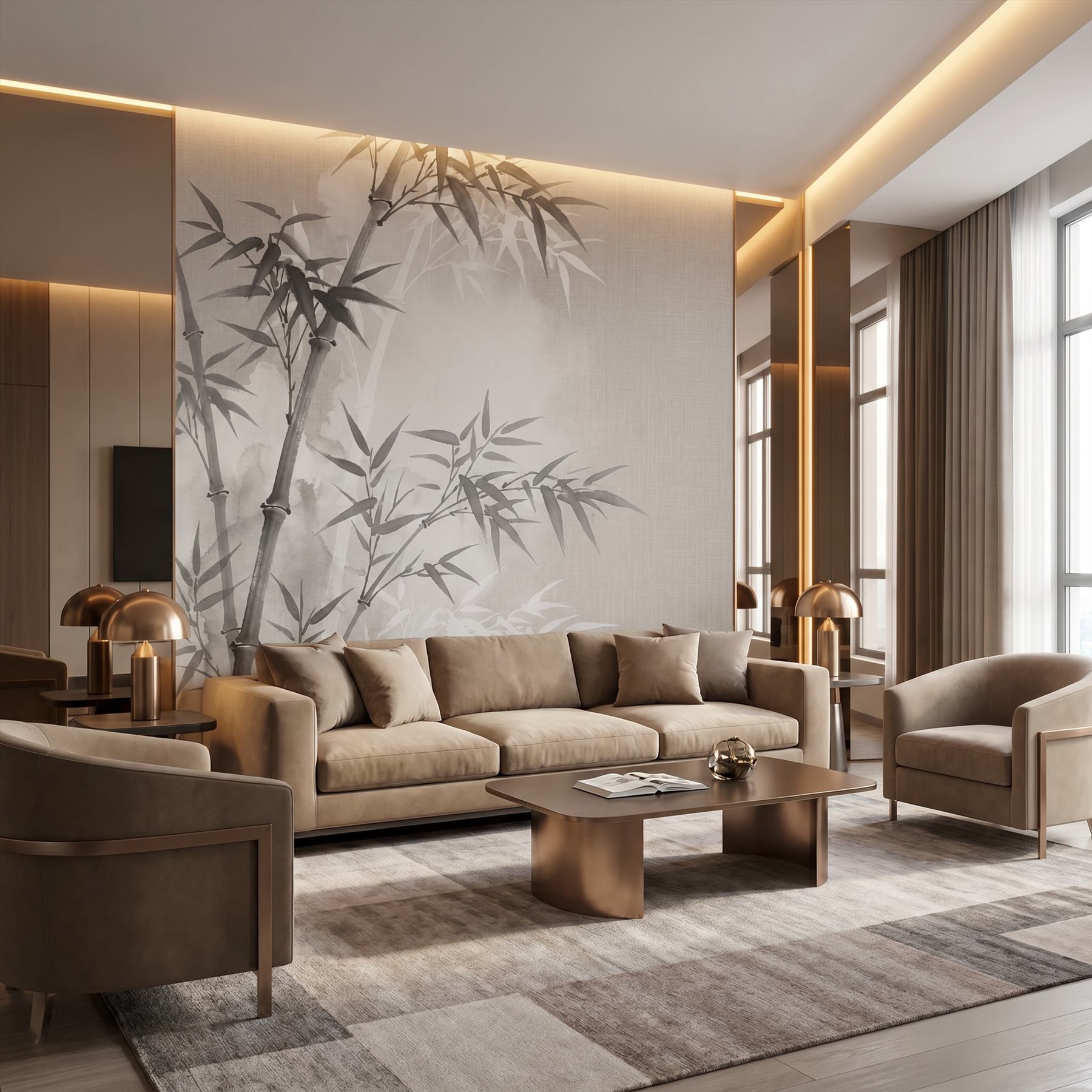 Ink-Wash Bamboo Forest Zen Minimalist Soft Gray - Living Room
