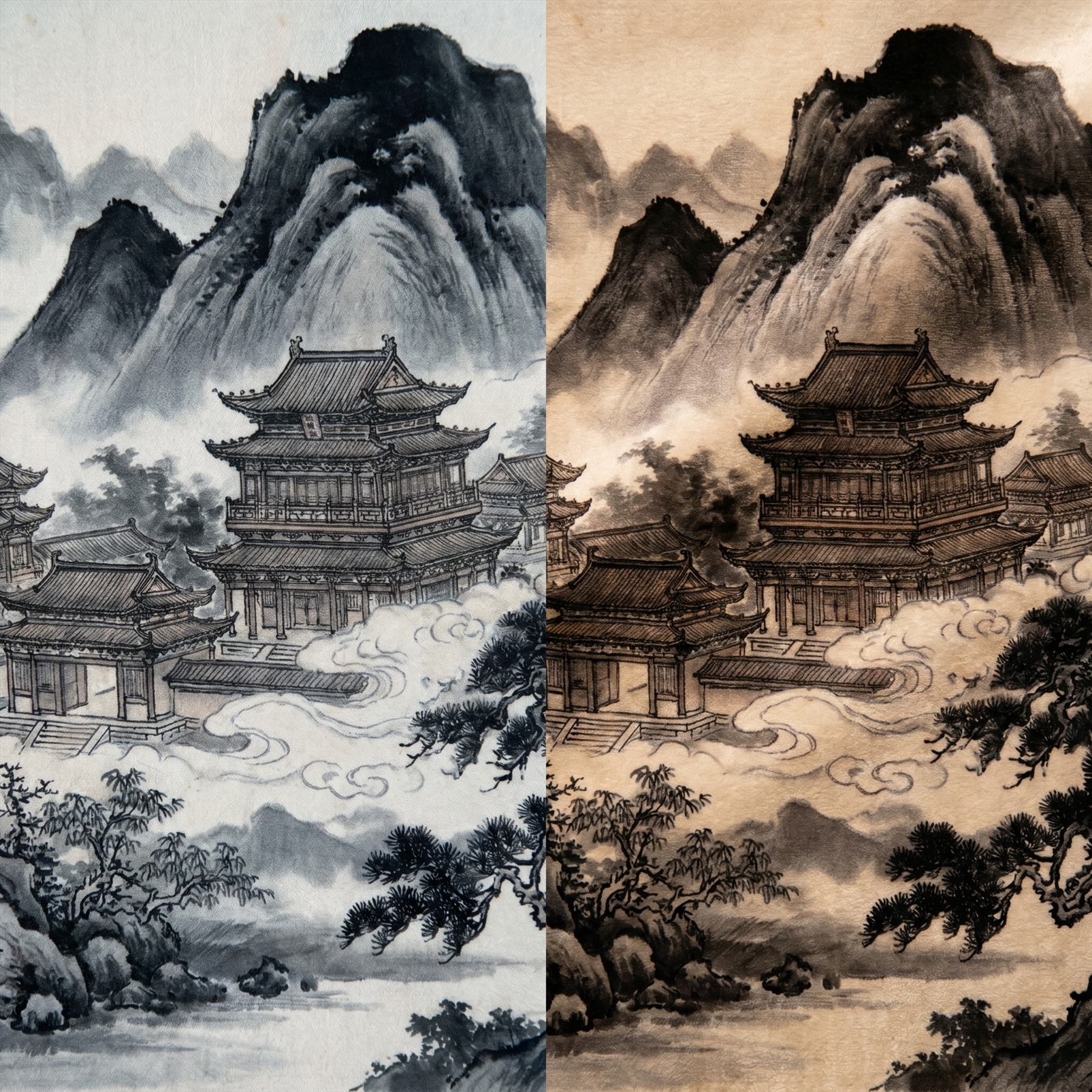 Ink-Wash Celestial-Pavilions for Mountain-Mist Monochrome-Classical Material-Comparison-02
