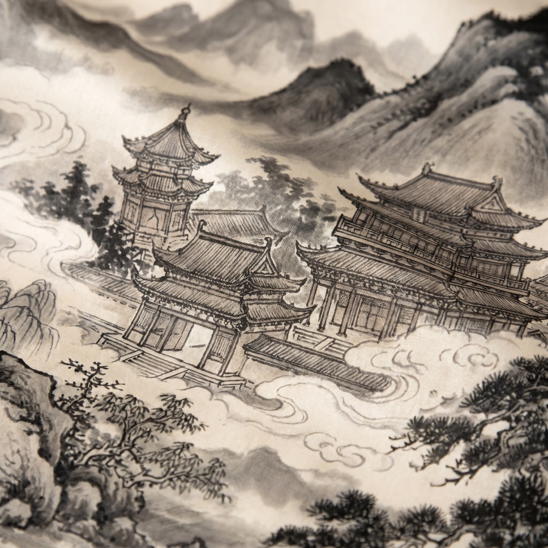 Ink-Wash Celestial-Pavilions for Mountain-Mist Monochrome-Classical Silk-Print-Detail-01