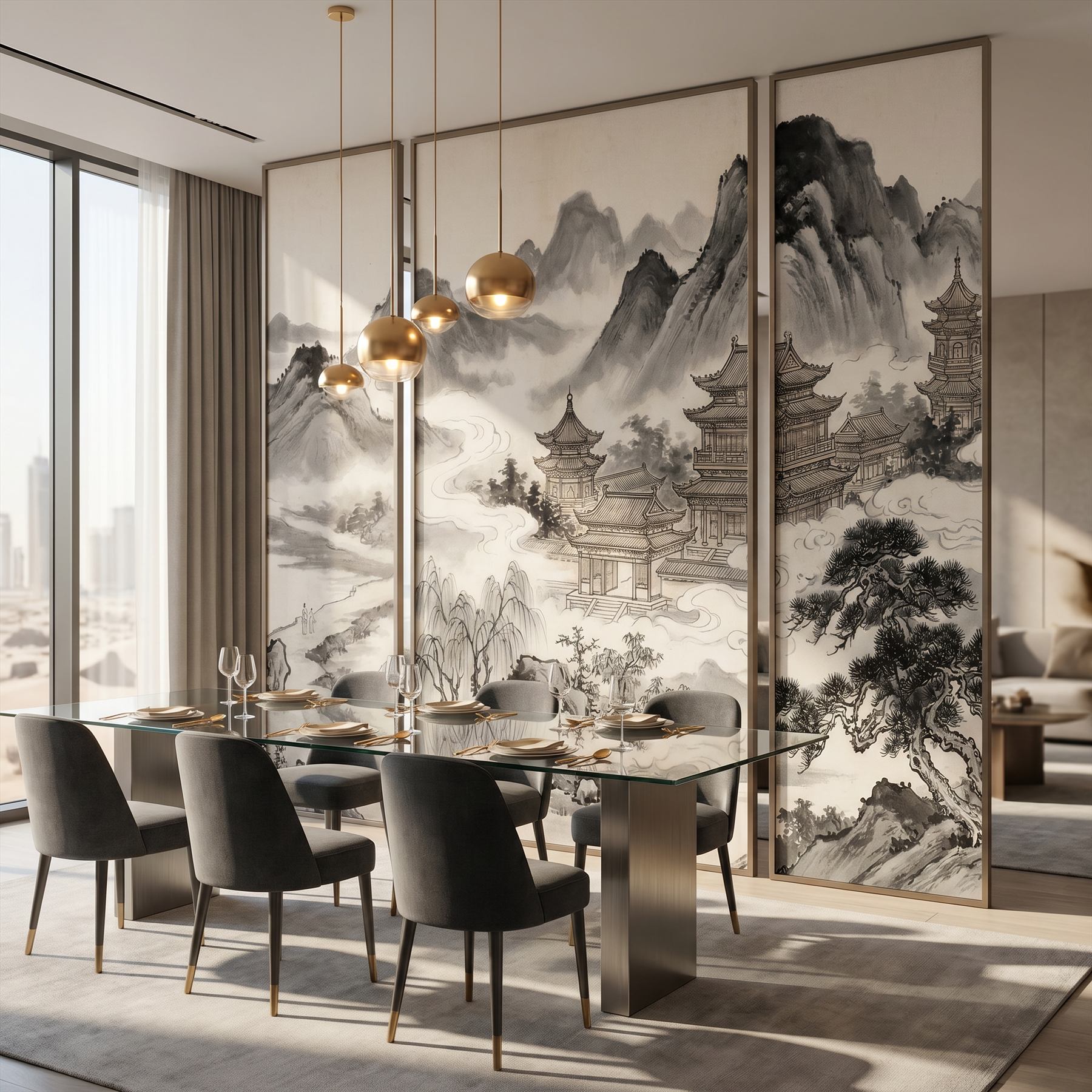 Ink-Wash Celestial-Pavilions for Mountain-Mist Monochrome-Classical Dining-Room-02