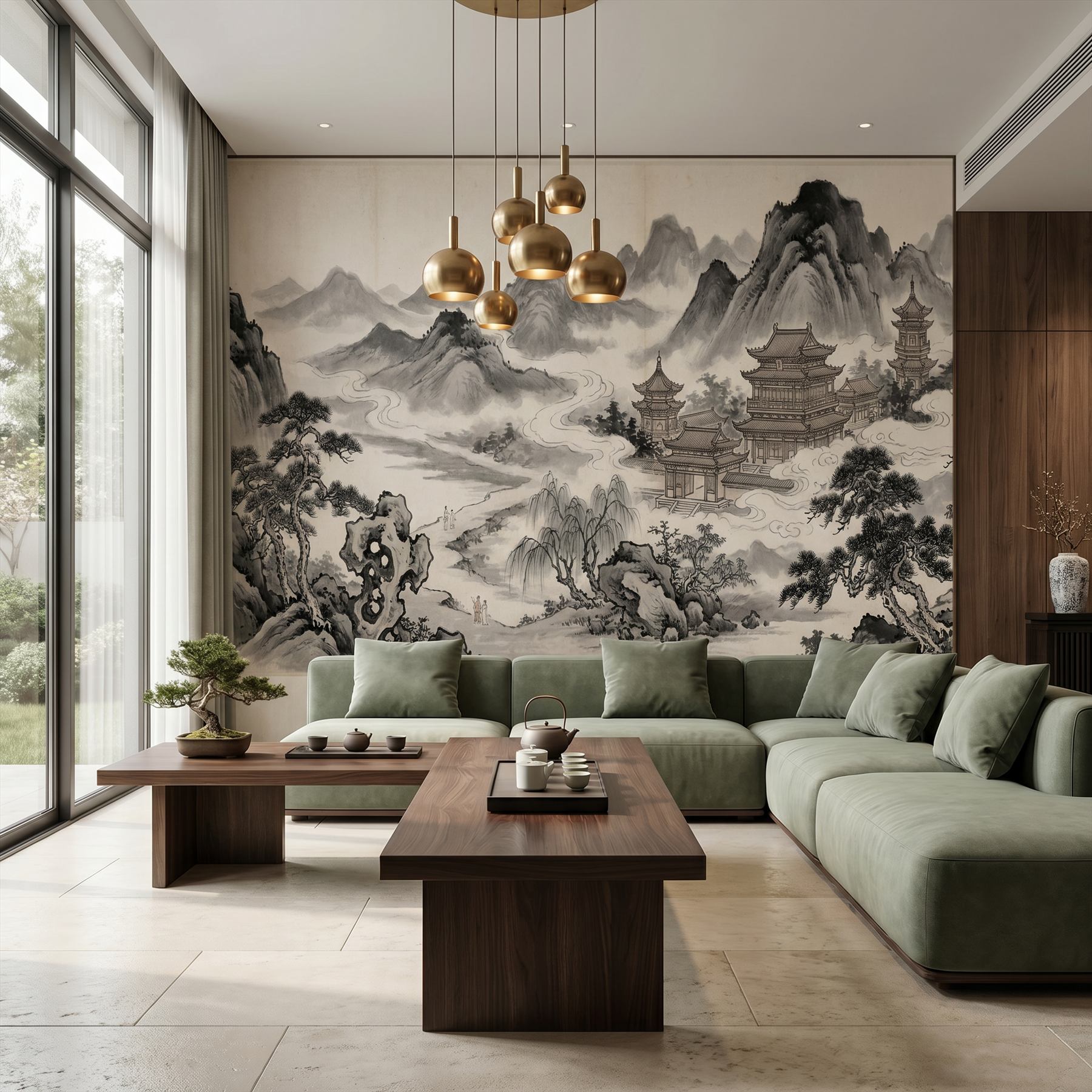 Ink-Wash Celestial-Pavilions for Mountain-Mist Monochrome-Classical Tea-Room