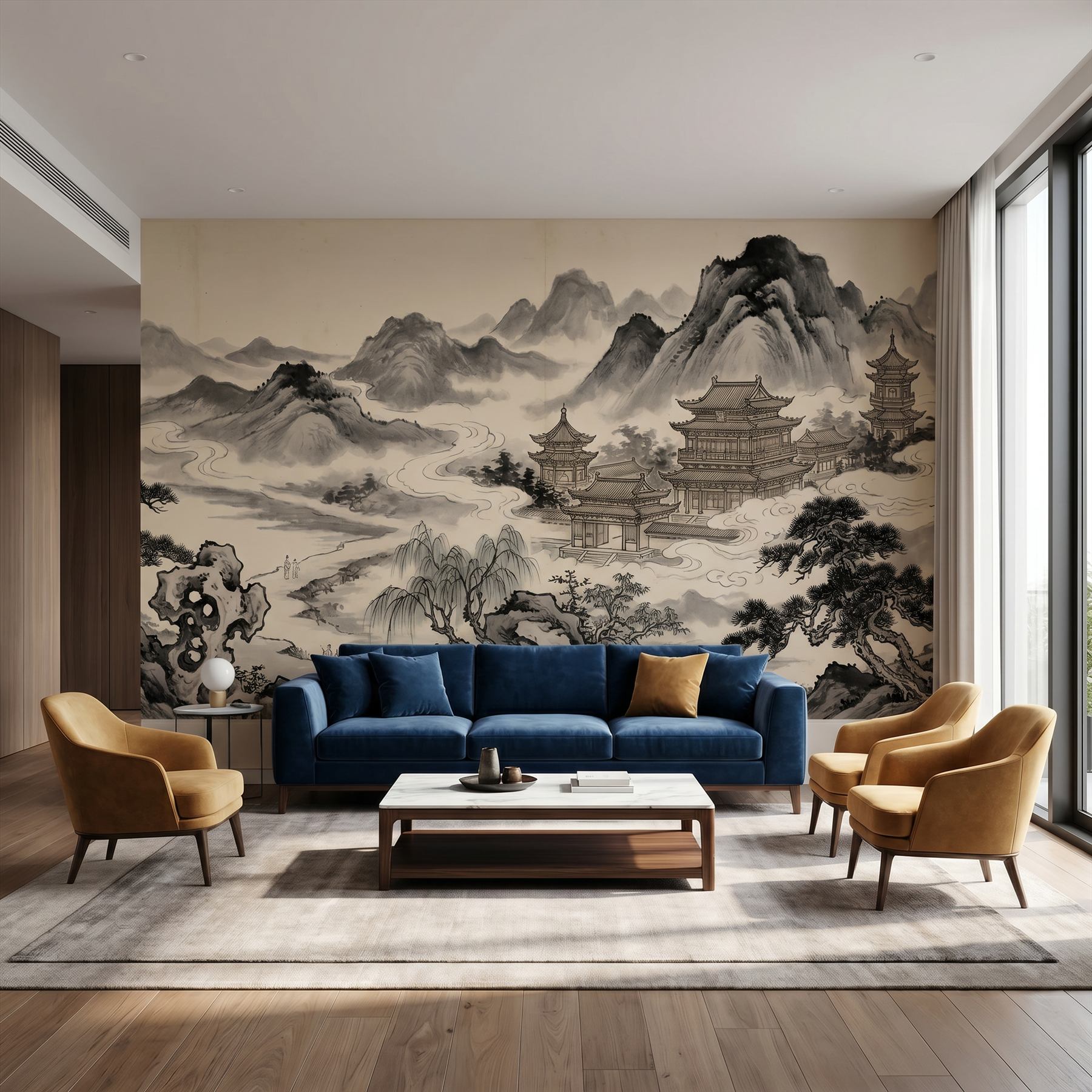 Ink-Wash Celestial-Pavilions for Mountain-Mist Monochrome-Classical Living-Room-01