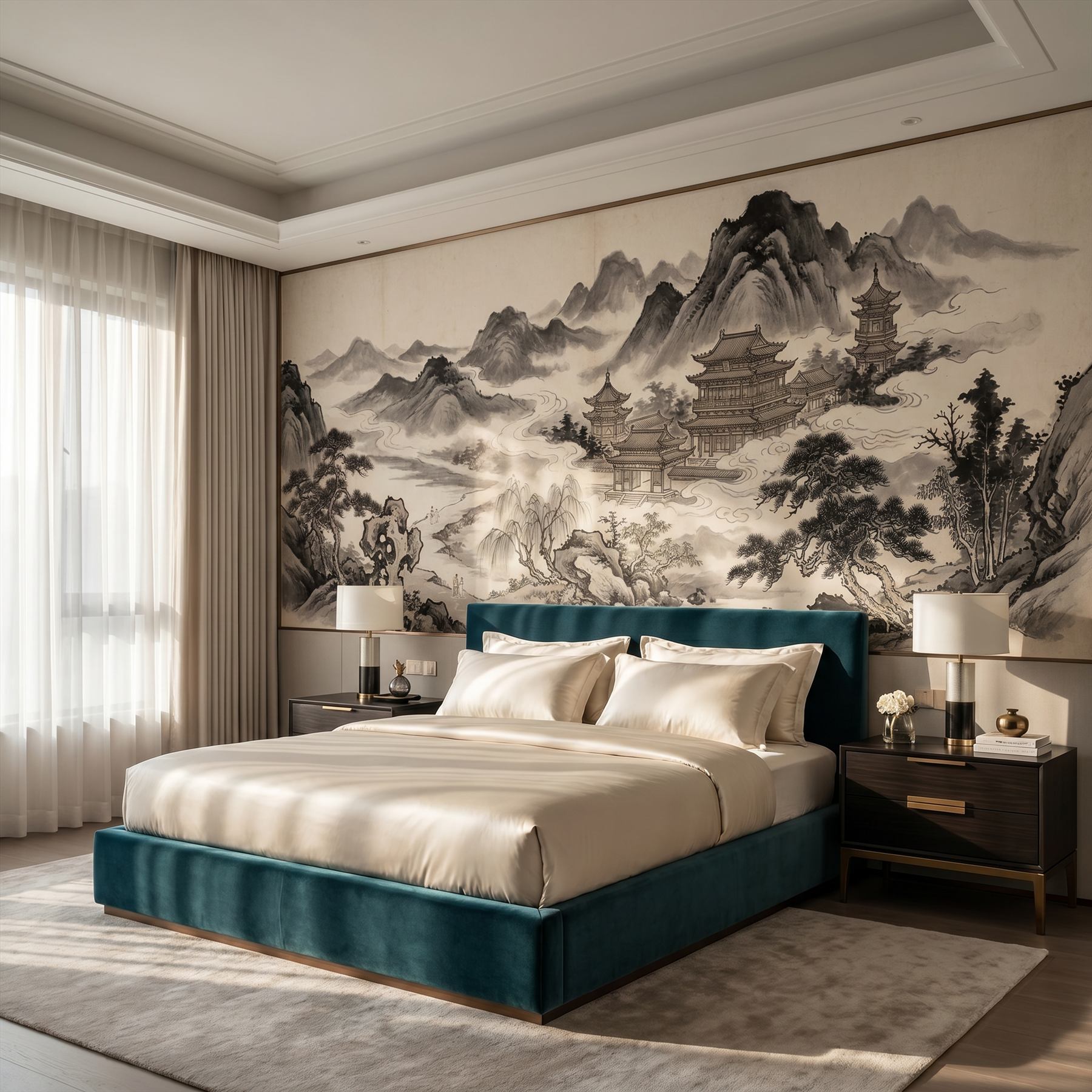 Ink-Wash Celestial-Pavilions for Mountain-Mist Monochrome-Classical Bedroom-01