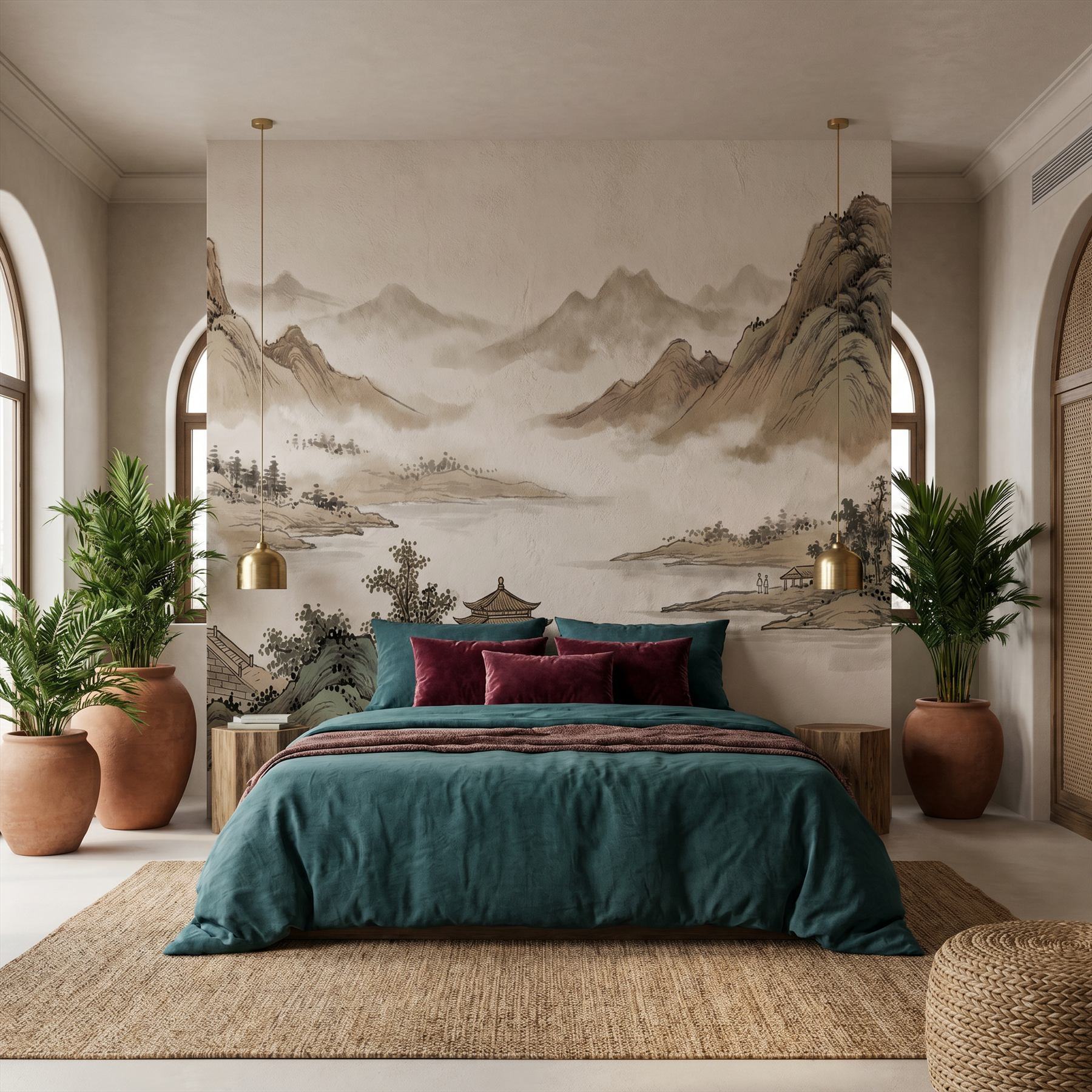 Ink-Wash Landscape for Commercial Spaces Misty Mountains Sepia - 3 Boutique Hotel Bedroom